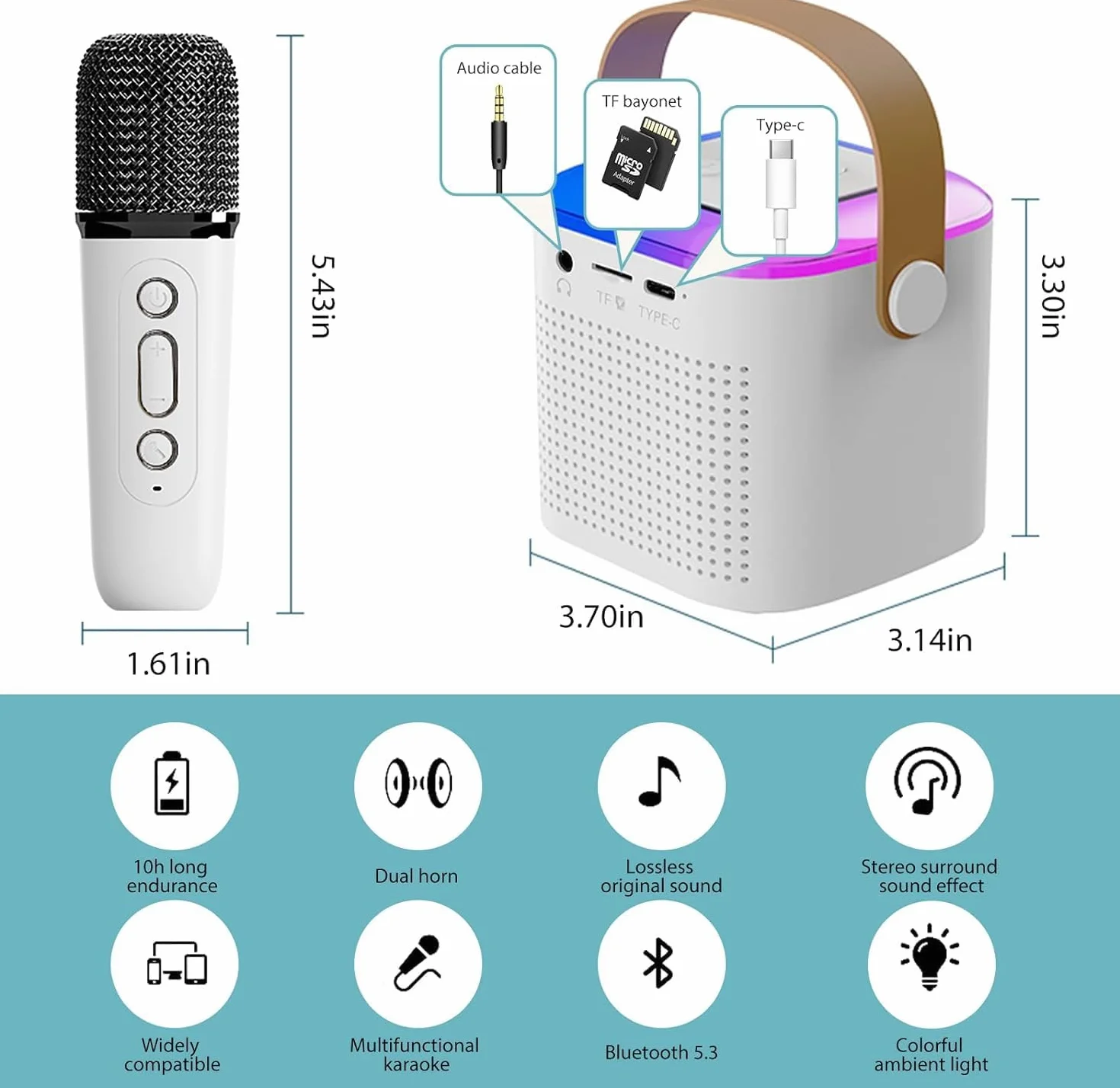 Przenośna maszyna do karaoke z 2 mikrofonami bezprzewodowymi, mini maszyna do karaoke ze światłami LED, głośnikiem Bluetooth, karta TF, wejście AUX dla dzieci dorosłych, przyjęcie urodzinowe