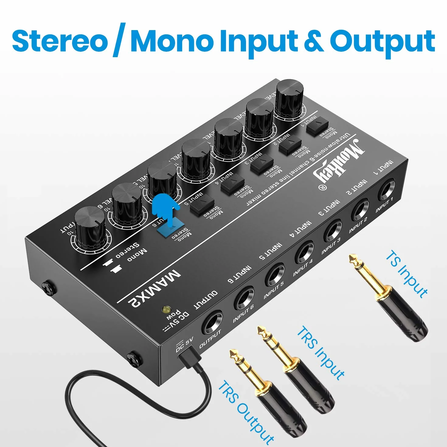 Moukey 6-kanałowy mikser liniowy o bardzo niskim poziomie hałasu do sub-miksowania, DC 5 V 6-stereo, mini mikser audio, idealny do małych klubów lub barów, gitar, basów, klawiatur lub miksera