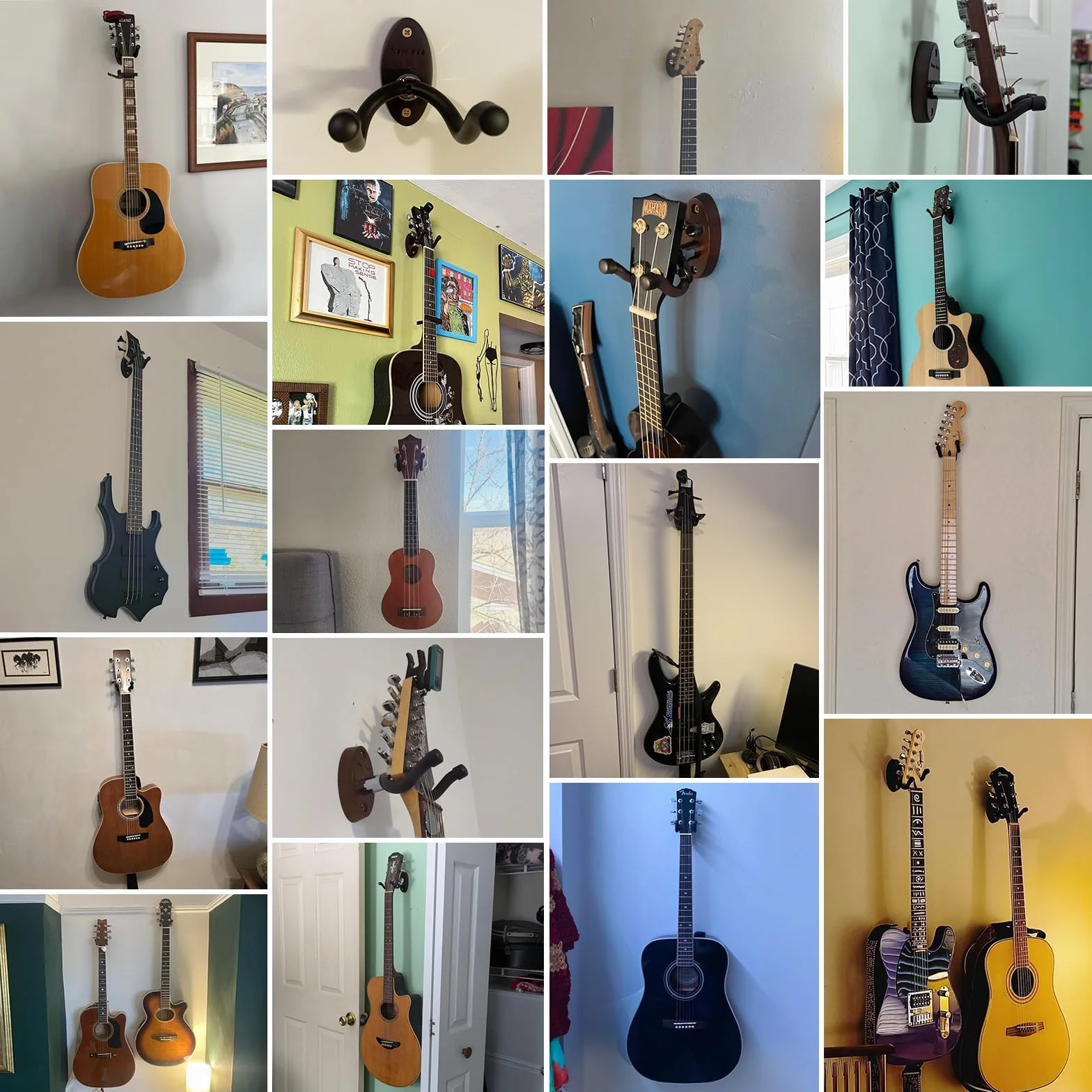 New Bee Uchwyt ścienny na gitarę, 2 sztuki, uniwersalny drewniany uchwyt na gitarę z haczykiem w kształcie litery V i regulowanym jarzmem, rustykalny drewniany z metalowymi akcentami, nośność do 15 kg