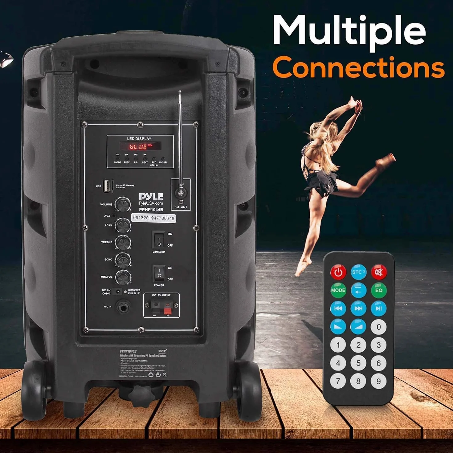 Pyle Przenośny system głośników Bluetooth PA – głośnik Bluetooth 600 W, przenośny system PA z akumulatorem 1/4" mikrofon, oświetlenie imprezowe, czytnik kart MP3/USB SD, kółka do toczenia
