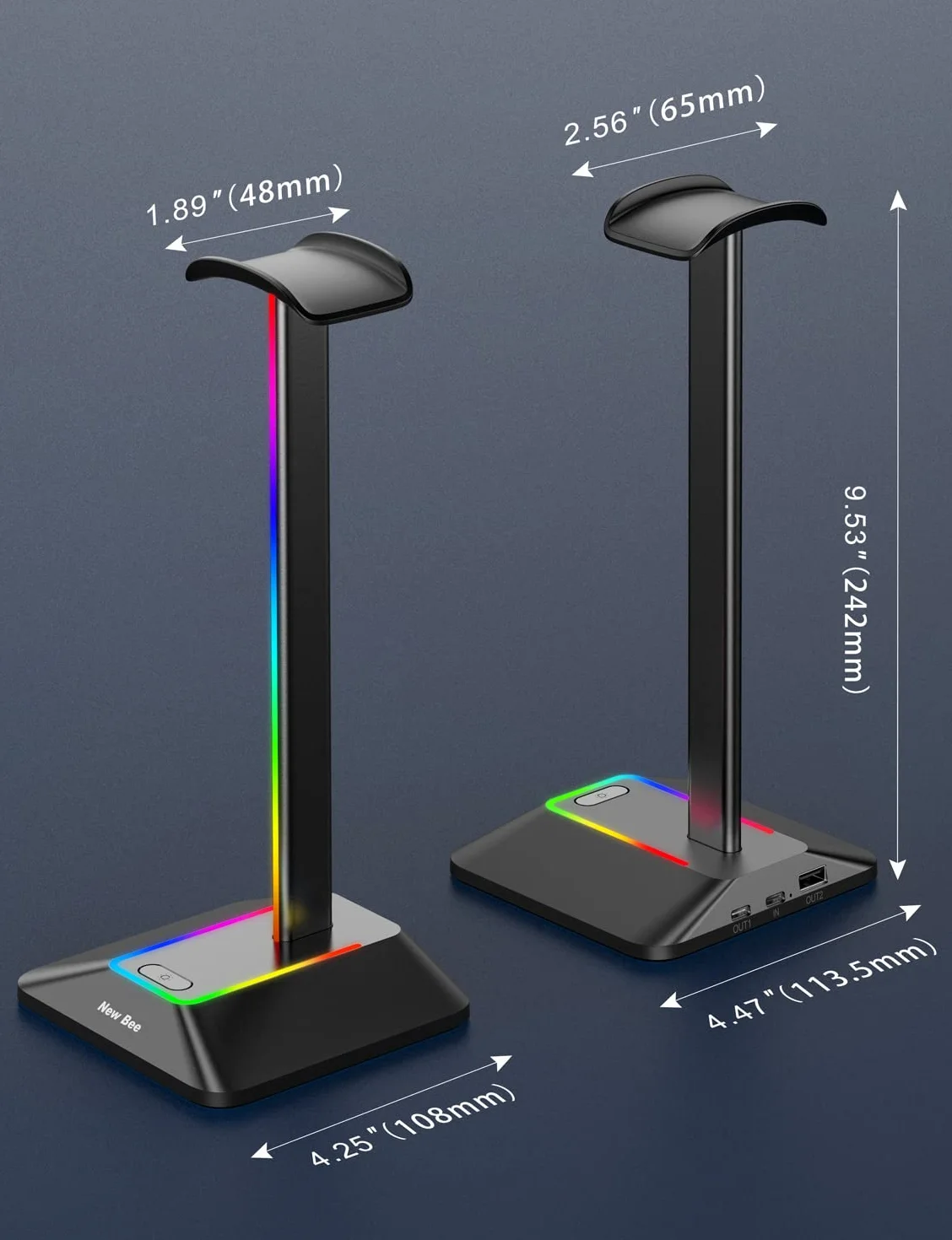 New Bee Stojak RGB na Słuchawki z Ładowarkami USB Typu C i Transmisją Danych - Uniwersalny Uchwyt do Słuchawek Gamingowych (Czarny)