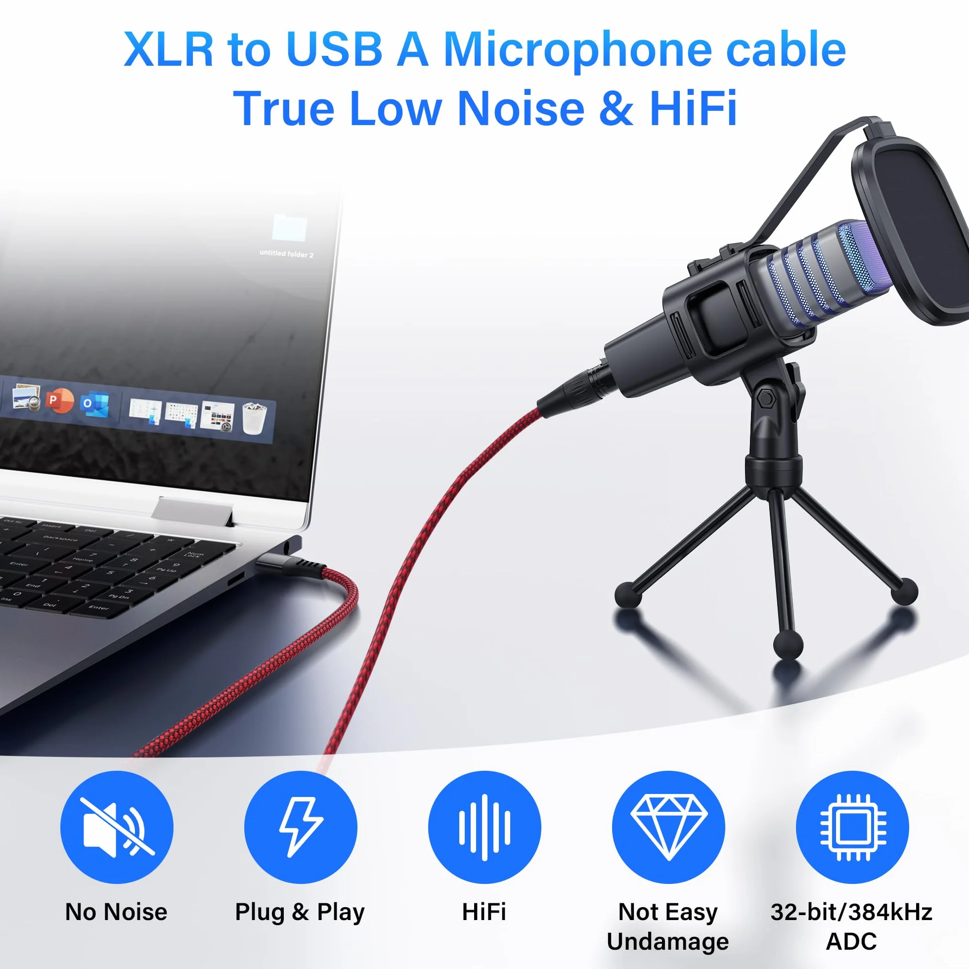 SinLoon Kabel mikrofonowy XLR na USB, 3-biegunowe gniazdo XLR na adapter USB-A | 2m/6,5FT pleciony kabel audio do połączeń z PC i urządzeniami nagrywającymi
