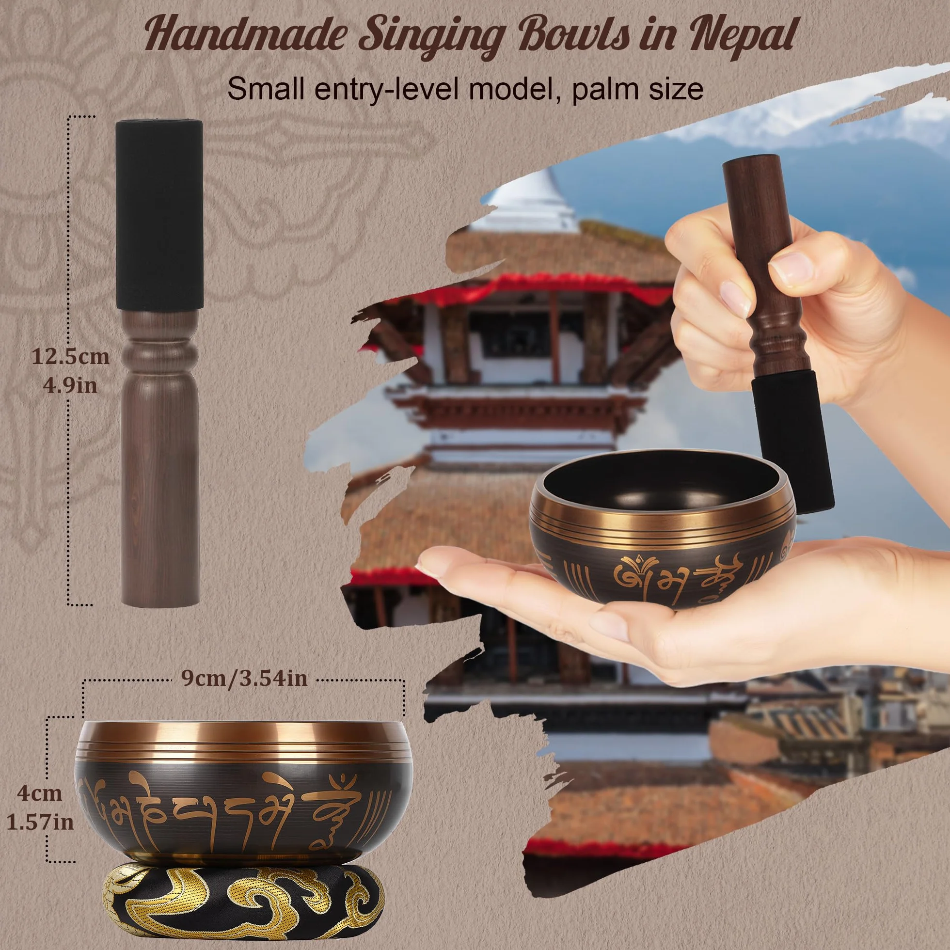 Tybetańska misa dźwiękowa 9 cm, Singing Bowl z perkusją i poduszką, łatwa do gry, ręcznie wykonana w Nepalu, do medytacji i relaksu