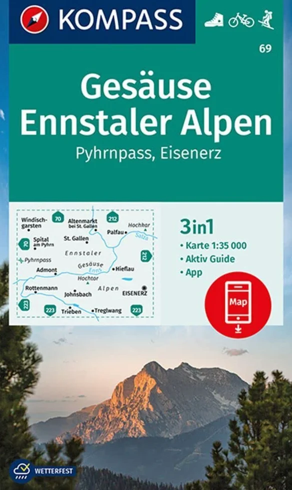 Carta escursionistica Kom 69. Gesäuse, Ennstaler Alpen, Pyhrnpass, Eisenerz: 3in1 Wanderkarte mit Aktiv Guide inklusive Karte zur offline Verwendung in der KOMPASS-App. Fahrradfahren. Skitouren.
