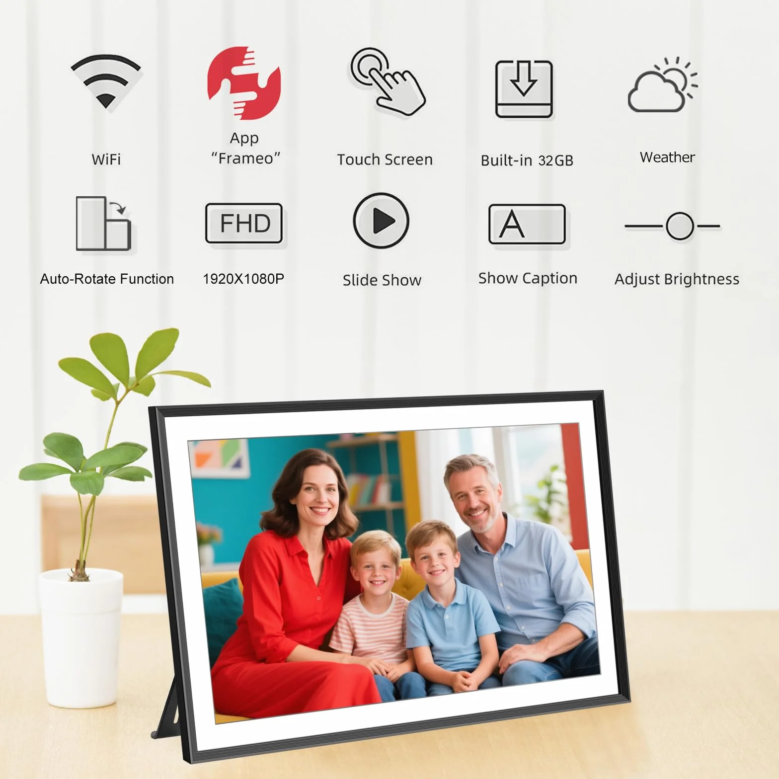 FRAMEO Cyfrowa ramka na zdjęcia 15,6 cala, bardzo duża, WiFi, cyfrowa ramka na zdjęcia z 32GB 1920 x 1080 IPS HD ekranem dotykowym, na biurko i montaż naścienny, udostępnianie zdjęć i filmów za pomocą