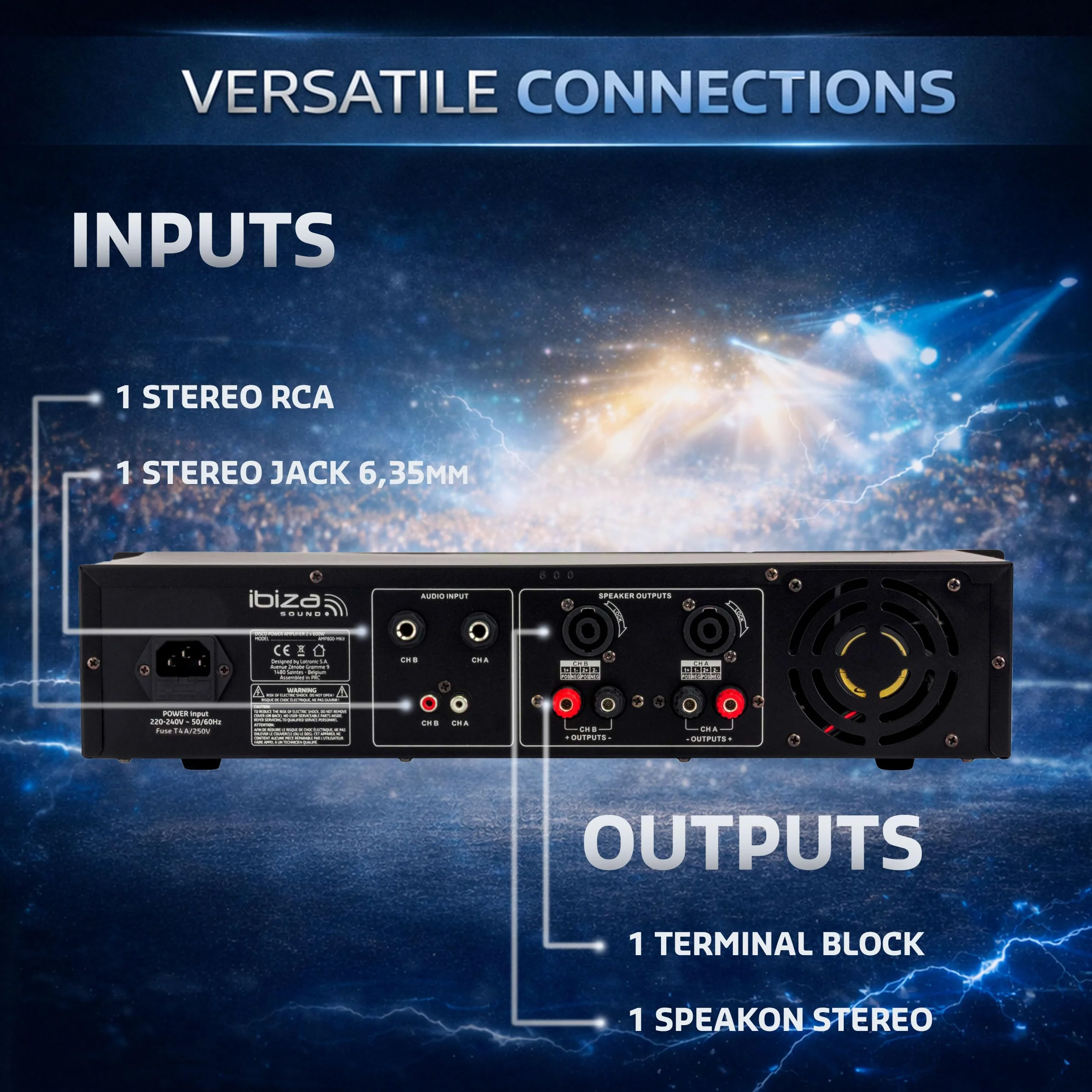 Ibiza - AMP800-MKII - Profesjonalny wzmacniacz z procesorem dźwięku 2x600W z wejściami RCA/Jack i wyjściami Speakon/Born - możliwość montażu w szafie rack 19" - czarny