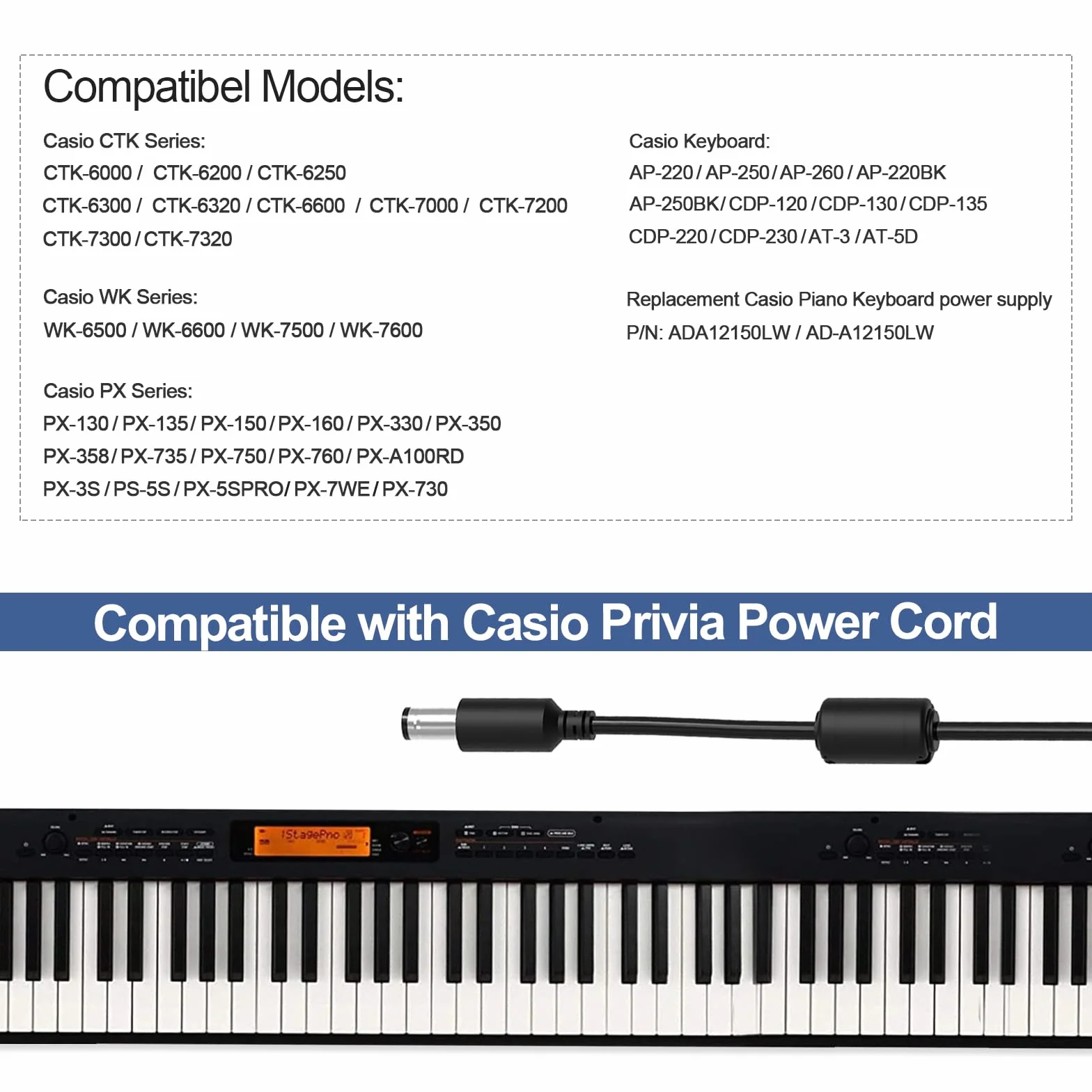 Casio Privia AC na DC adapter do AD-A12150LW, AD-A1215LW, PX-130, PX-350, PX-160, PX-150, CDP-120, 6000, 7200