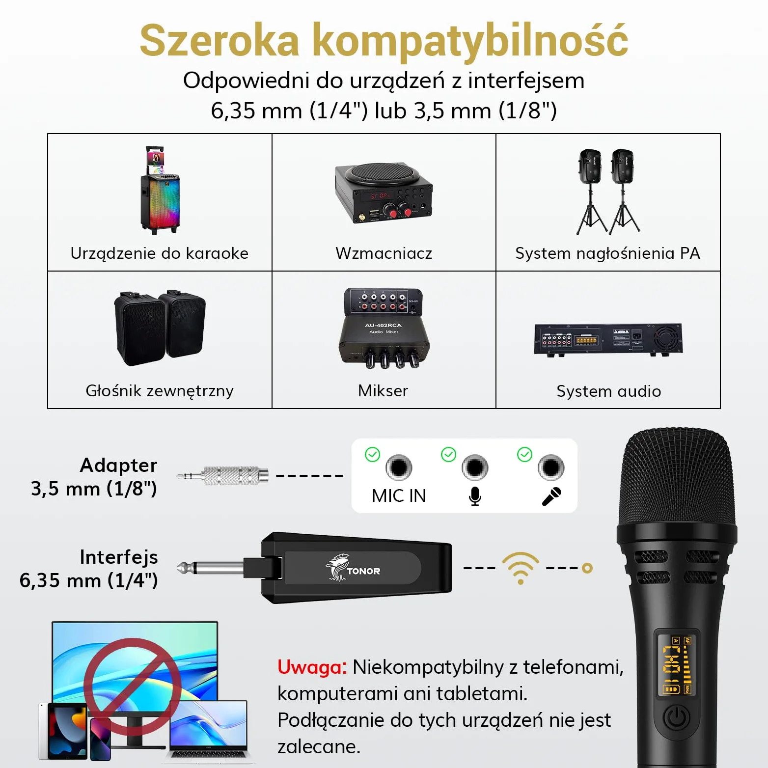 Mikrofony bezprzewodowe, mikrofon dynamiczny TONOR UHF z odbiornikiem, profesjonalny mikrofon do karaoke, śpiewu, wesela, imprezy dla DJ-ów, przemówień, do kościoła o zasięgu 200 stóp TW310 Czarny