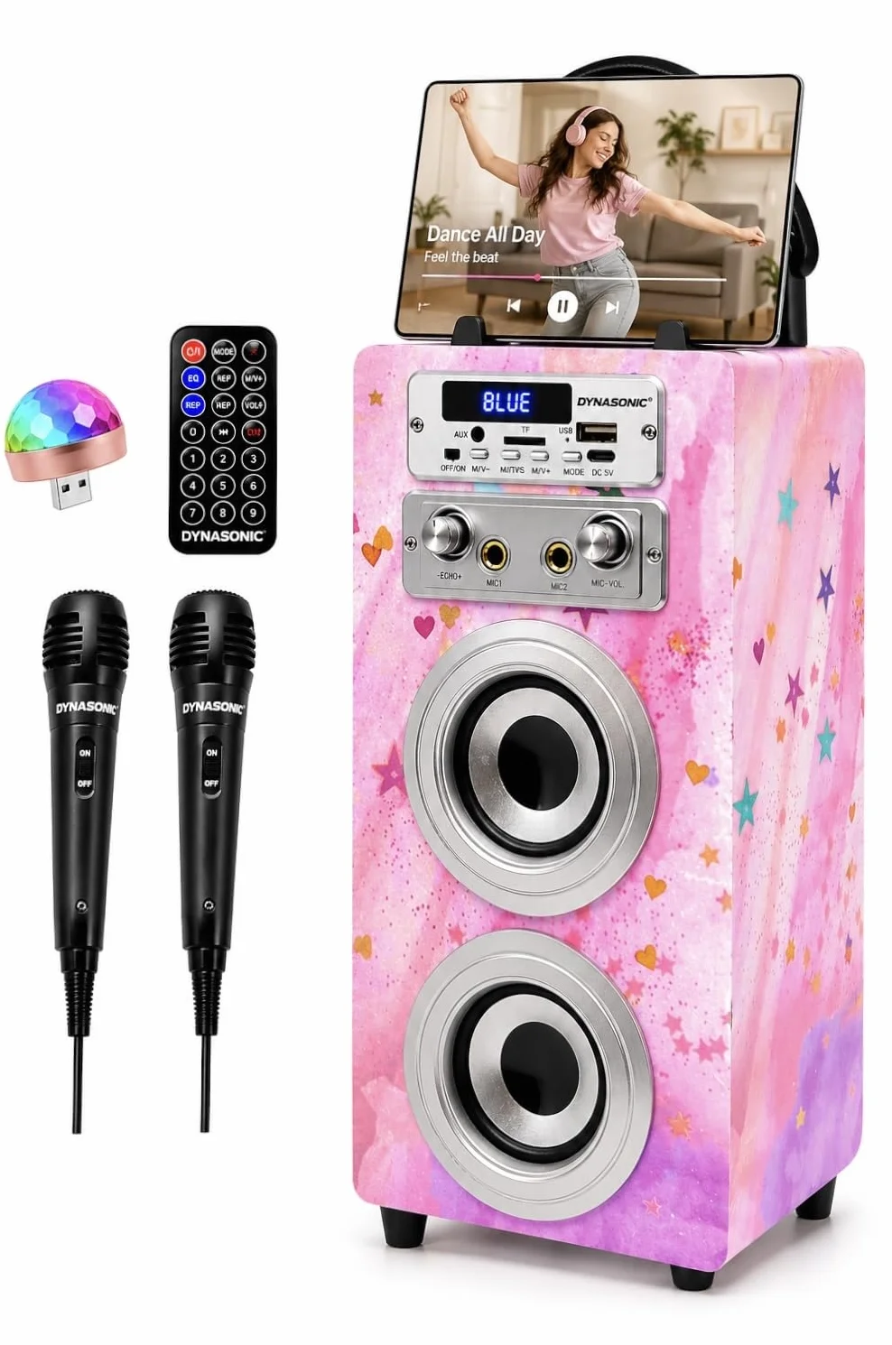 DYNASONIC Przenośna maszyna do karaoke, 2 mikrofony, głośnik Bluetooth, światła, czytnik USB i SD, prezent dla dzieci w wieku 5-13 lat (025-15 LIGHTS)