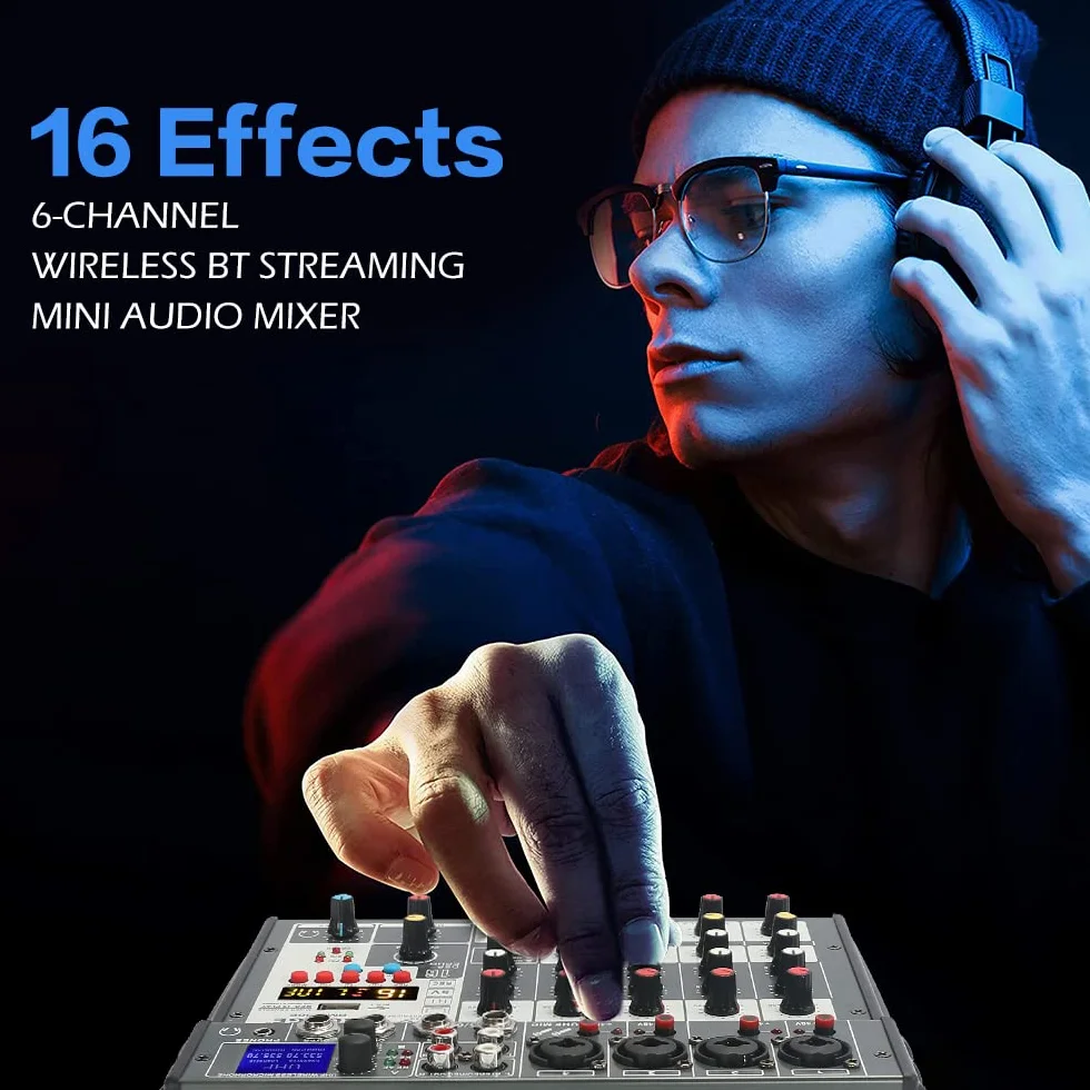 BOMGE 6-kanałowy mikser konsoli audio DJ z bezprzewodowym mikrofonem Dua UHF, USB, Bluetooth, fantomem 48 V, 16 Echo/opóźnienie, do nagrywania w studiu domowym, DJ, sieci, karaoke, gitara PC