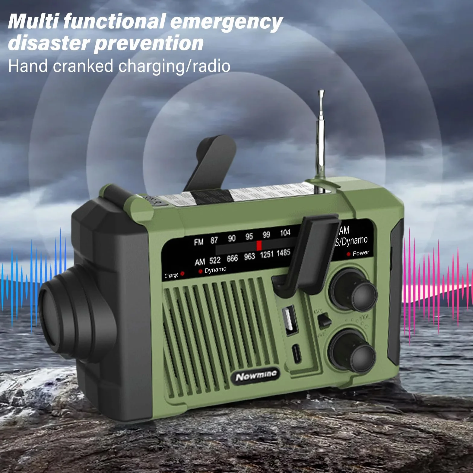 Radio korbowe, 1800 MA, radio awaryjne, solarne radio z korbą, do użytku na zewnątrz, na kemping, w sytuacjach awaryjnych, SOS, wytwarzanie prądu za pomocą korbki ręcznej, zielone (160 x 96 x 56 mm)