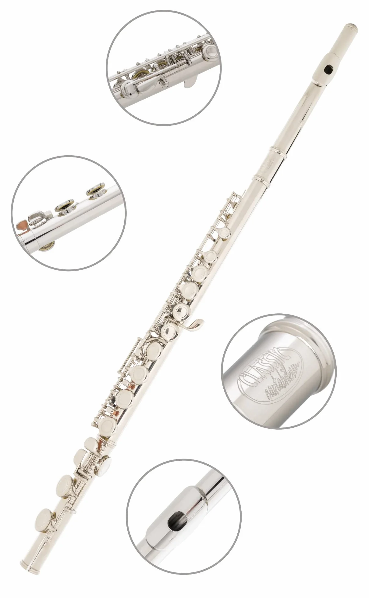Classic Cantabile FL-100 flet poprzeczny z mosiądzu wysokoniklowego posrebrzanego, zamknięte klapy, e-mechanika, przesunięte G, strojenie C