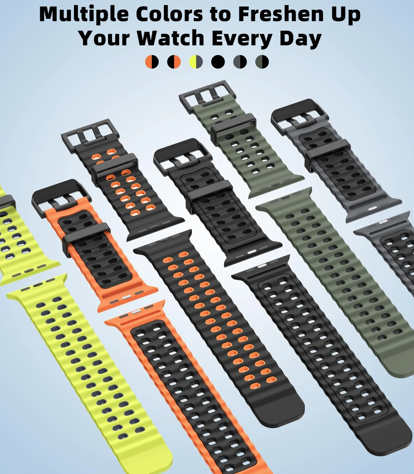 Breathable Ocean Strap Compatible with Apple Watch Ultra 2/Ultra 49mm,Series 10 46mm,9/8/7 45mm,SE2/SE/6/5/4 44mm,3/2/1 42mm, Silicone Watch Band Sport Strap for Men Women, Black/Orange