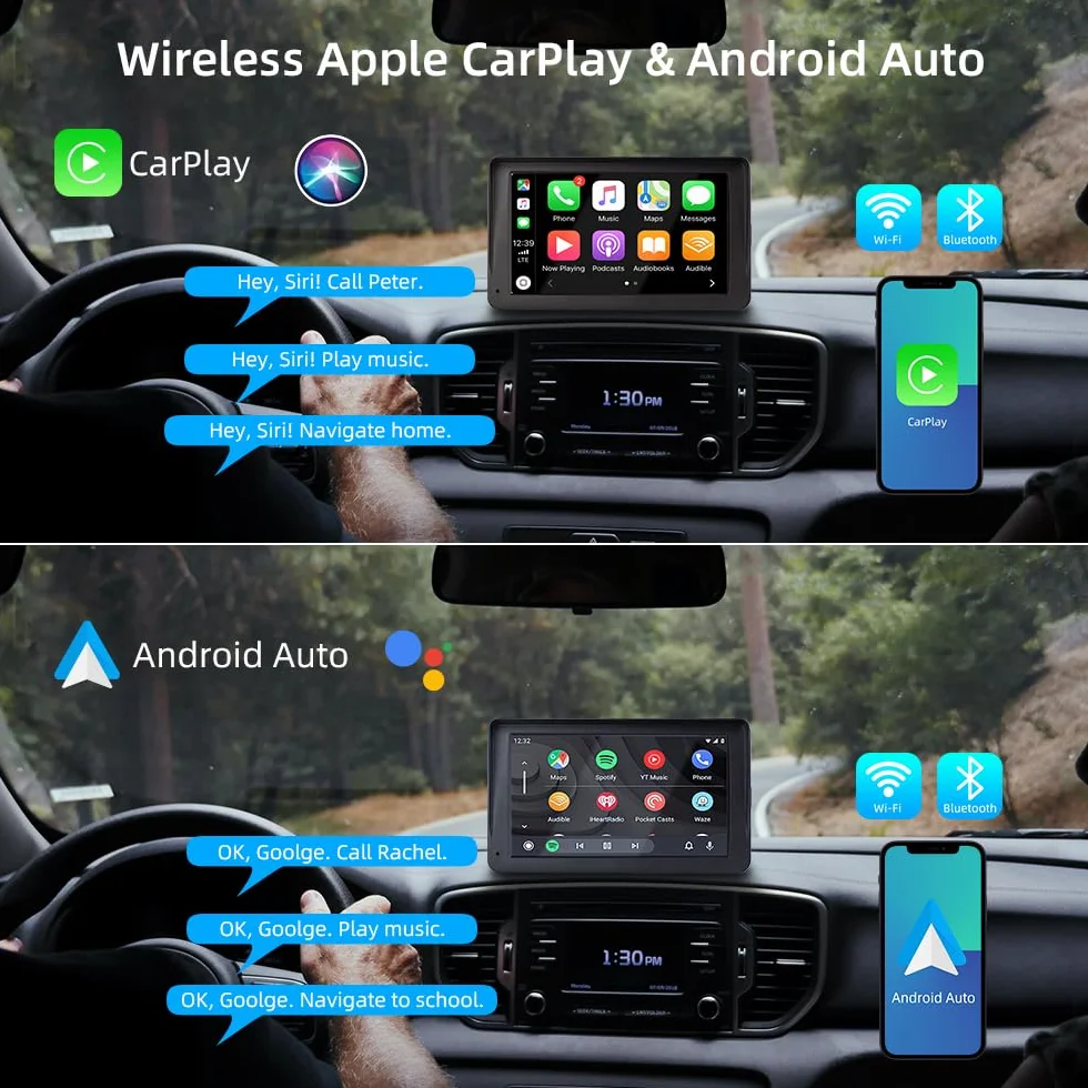 Bezprzewodowy CarPlay i Android Auto, 7-calowy Wyświetlacz Carplay z Kamerą Przednią 2K, Kamera Cofania 1080P, Bluetooth, Mirror Link, FM, AUX, Karta TF