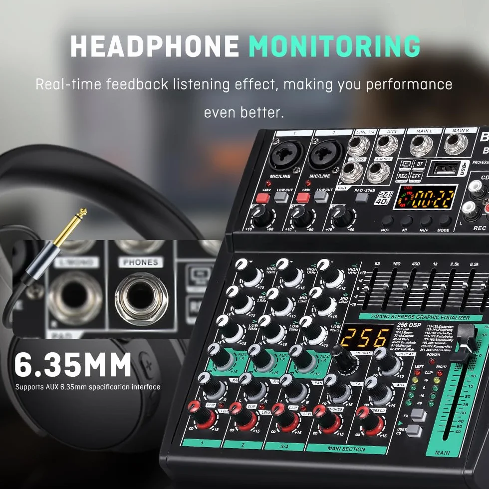 BOMGE Profesjonalny mikser audio DJ, 4-8-kanałowy mikser DJ, mikser dźwięku Bluetooth, obsługuje wejście komputerowe USB/MP3/BT, zasilanie fantomowe 256DSP, 48 V nadaje się do nagrywania