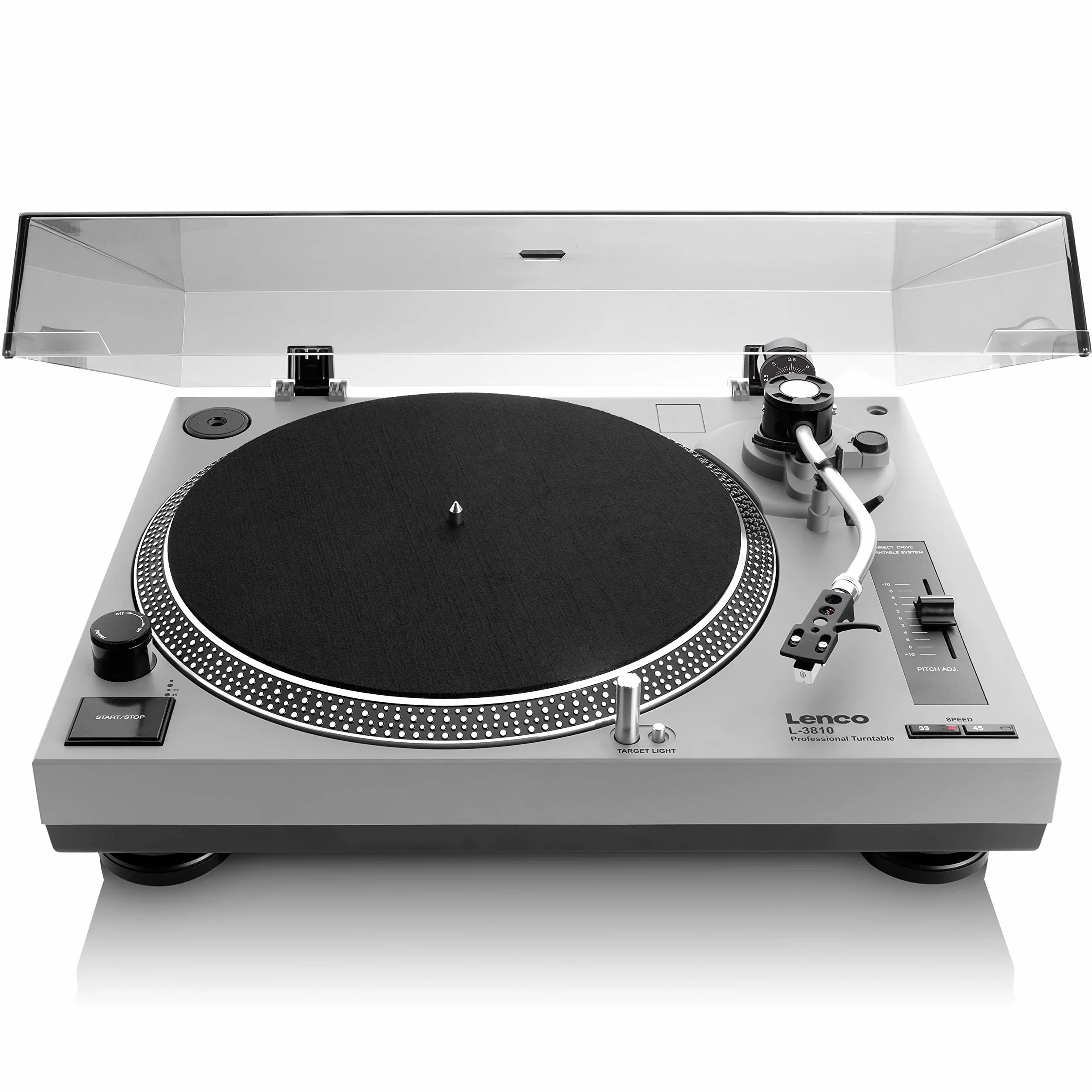 Lenco L-3810 gramofon z napędem bezpośrednim – gramofon DJ – 33/45 obr./min – Pitch Control – system magnetycznego odbiornika dźwięku – oświetlenie igły, kontrola Pitch Control – matowy szary