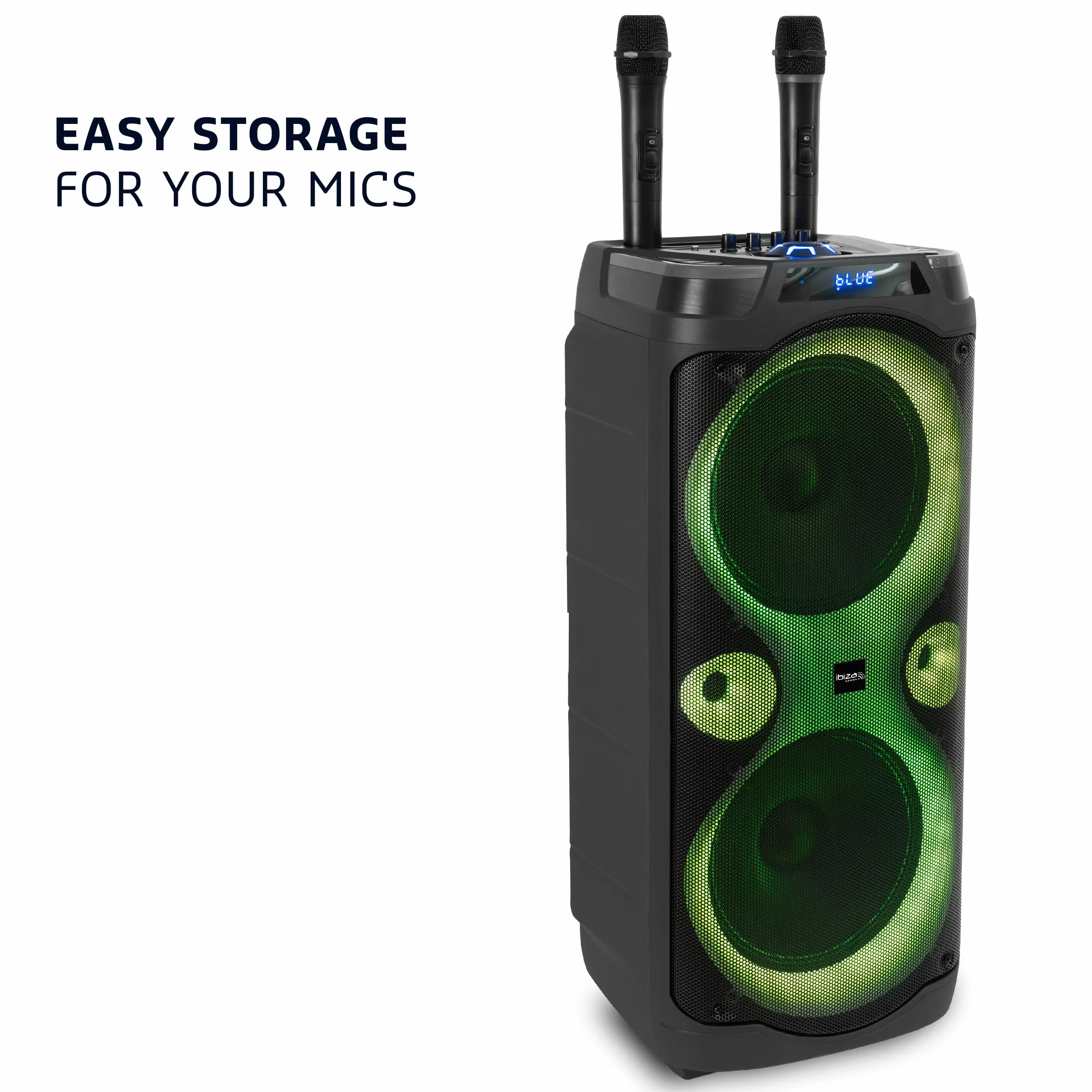 Ibiza - COLUMBA-KARAOKE - Głośnik Bluetooth KARAOKE z 2 mikrofonami bezprzewodowymi - Zmieniacz głosu, oświetlenie LED, funkcja Talkover i Rec - Wieczory Karaoke