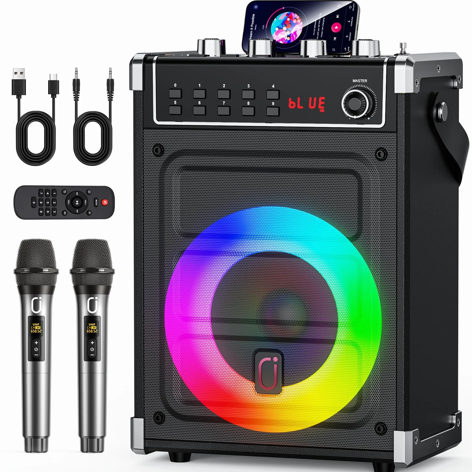 JYX Maszyna do karaoke z 2 mikrofonami bezprzewodowymi UHF, regulacją basów/wysokich tonów i oświetleniem LED, obsługą TWS, AUX In, FM, REC, zasilacz dla imprezy/dorosłych/dzieci - czarny (Czarny)
