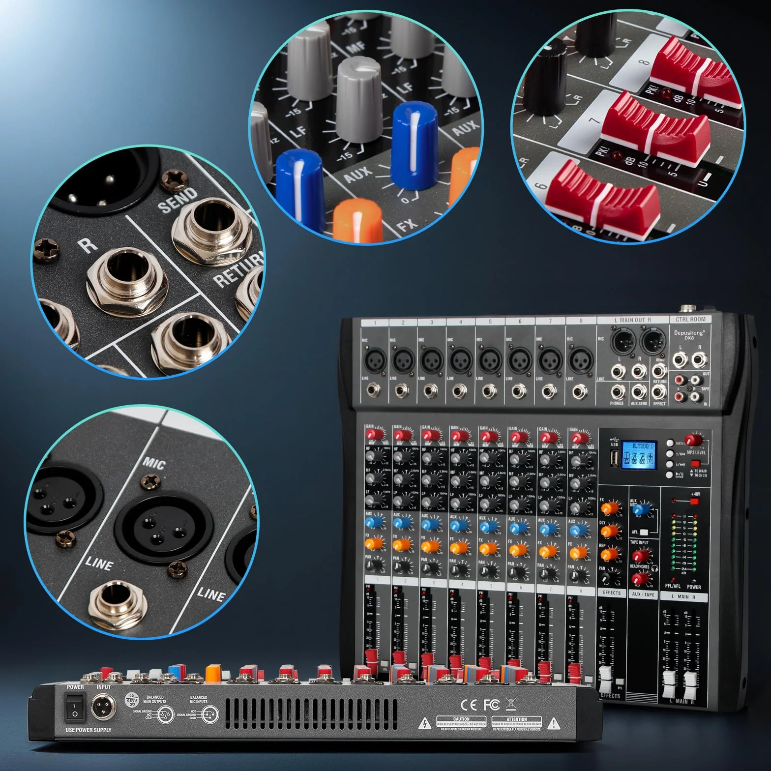 Depusheng DX8 Profesjonalny mikser Płyta dźwiękowa Konsola 8-kanałowy interfejs USB Wejście MP3 48V Zasilanie Phantom Stereo DJ Studio FX Stalowa obudowa, czarny mikser audio Bluetooth USB na PC