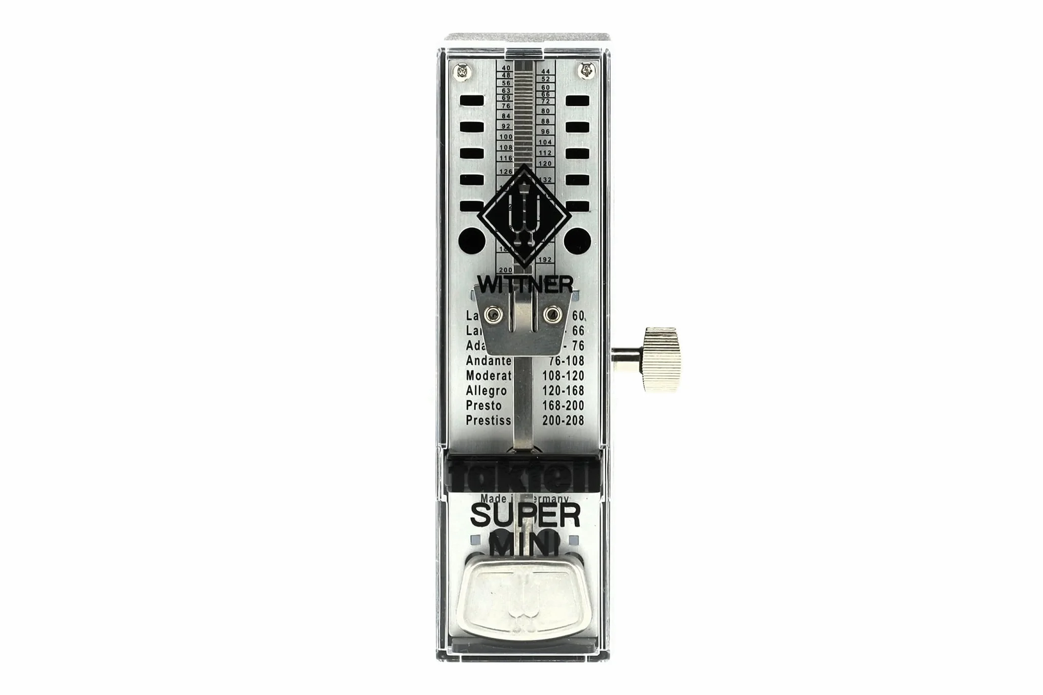 Metronom Wittner Super-Mini Seria 880 - Obudowa z tworzywa sztucznego - Bez dzwonka - Kolor czarny - Mechanizm nakręcany - Brak potrzeby używania baterii - Wyprodukowano w Niemczech