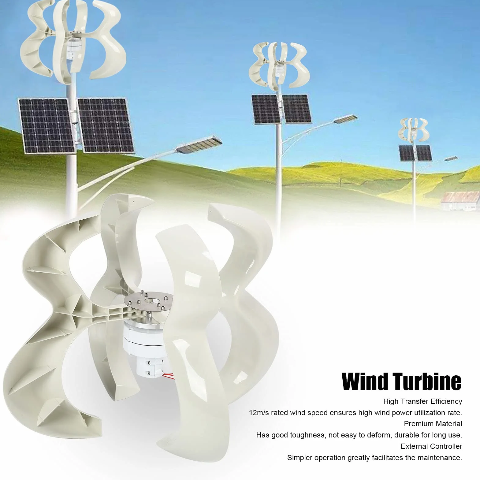 Zestaw Generatora Turbin Wiatrowych Eujgoov 600 W 4 Ostrza Generator Osi Pionowej Biały Wiatr Układ Słoneczny Turbina Wiatrowa(12V)