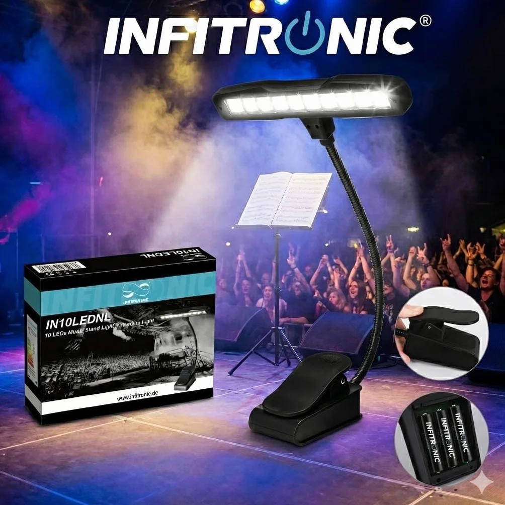 Infitronic IN10LEDNL – 10 diod LED lampka na pulpicie nut/lampka do czytania/lampka zaciskowa 2 poziomy jasności, czarna