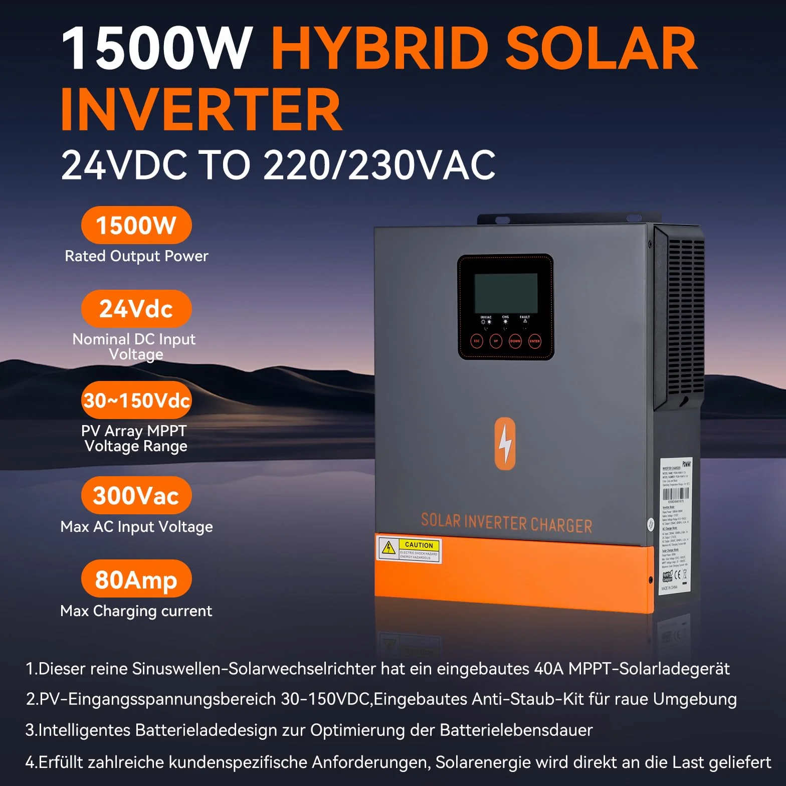 PowMr Falownik hybrydowy MPPT 1500 W, 24 V DC do 220 V/230 V AC, falownik solarny
