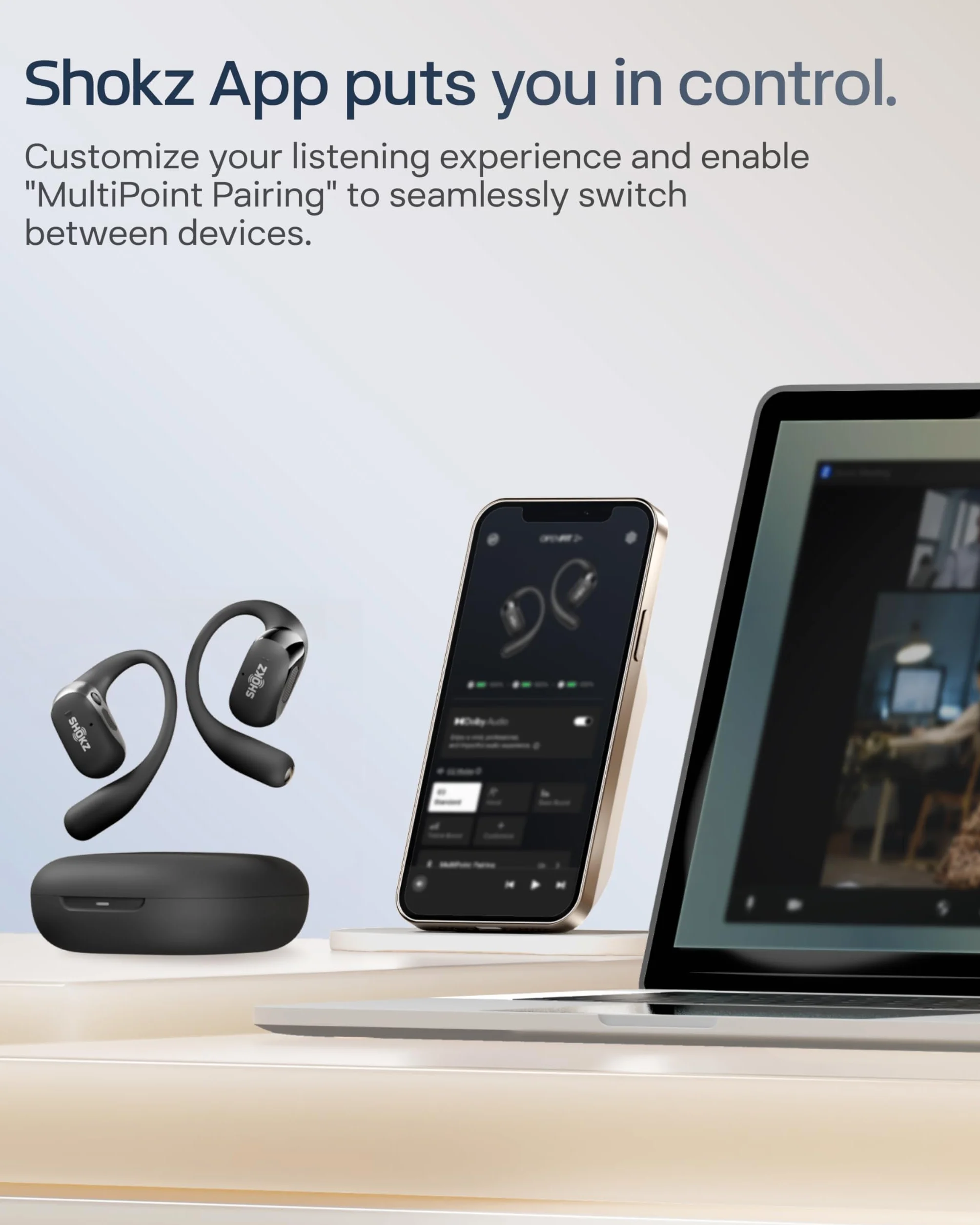 Shokz NOWE OpenFit 2+ Słuchawki Otwarte, z Dolby Audio, Wygodne Słuchawki, 48 Godziny Odtwarzania, Odporność na Wodę IP55, Szybkie Ładowanie USB-C, Ładowanie Bezprzewodowe, Torba Transportowa, Czarny