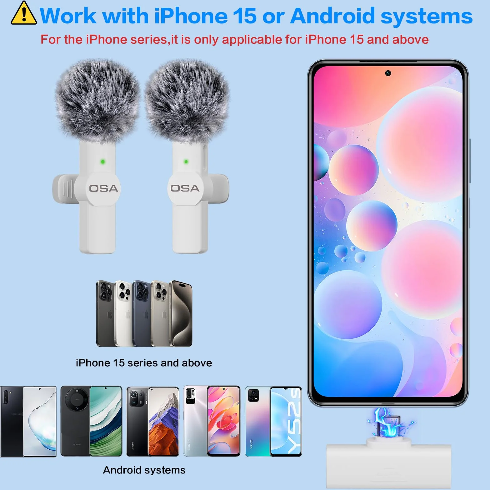 OSA Bezprzewodowy mikrofon Krawatowy USB-C do iPhone'a serii 15/Android/typu C, smartfona, laptopa, transmisji na żywo, TikTok, vlog
