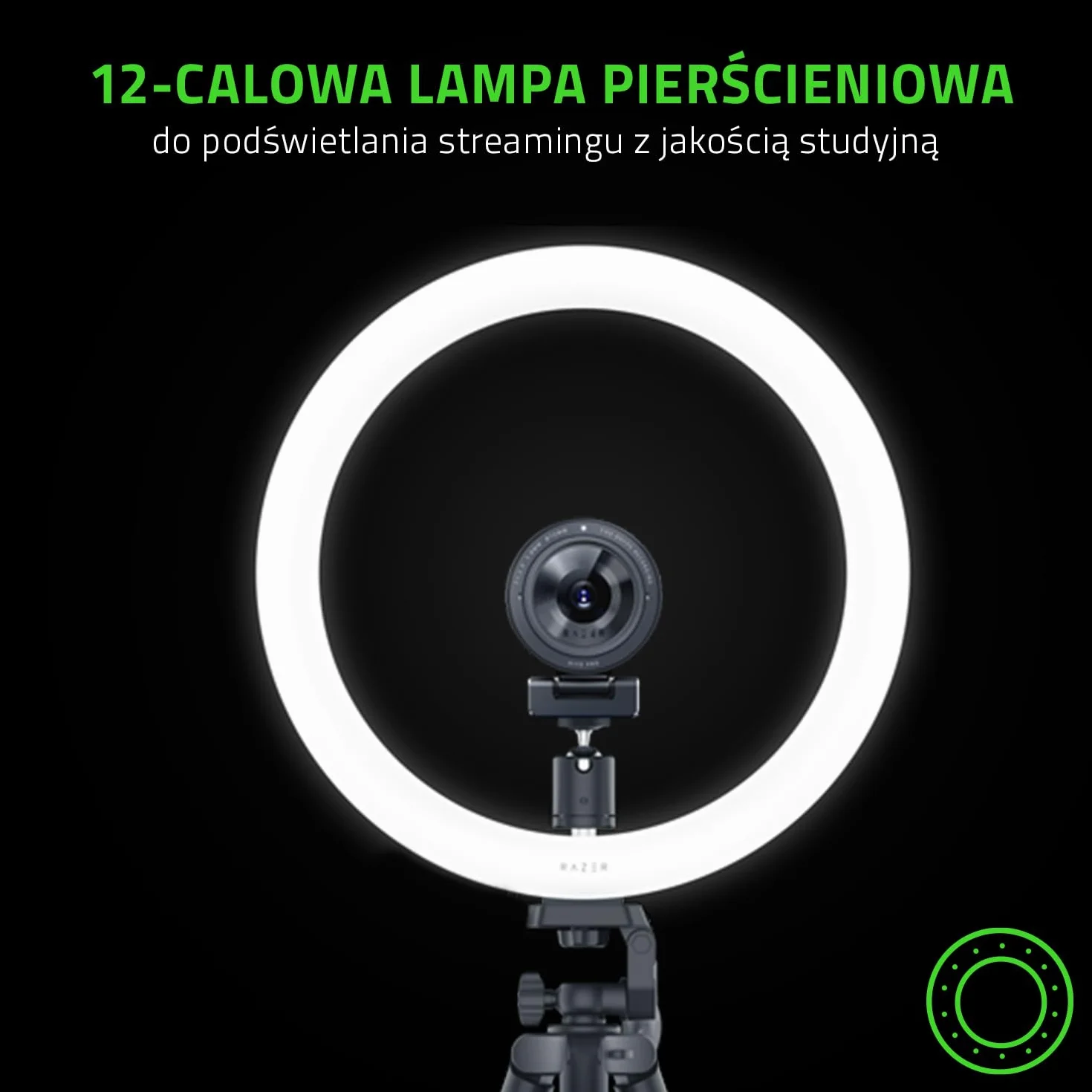 Razer Ring Light - 12-calowa lampa pierścieniowa LED USB + Statyw do streamingu z komputerów PC i urządzeń mobilnych (Regulowane spektrum światła, Wszechstronne opcje mocowania) Czarny