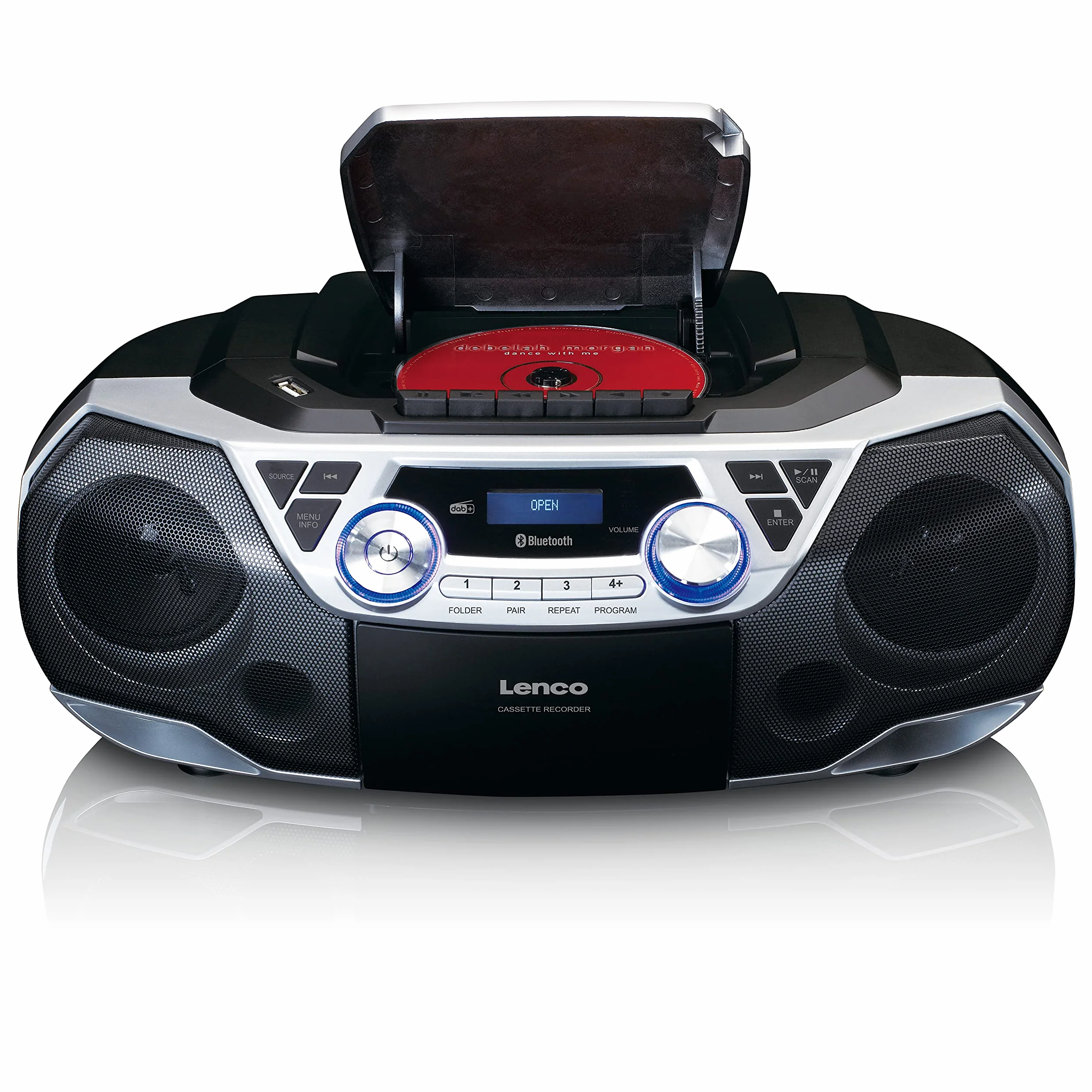 Lenco SCD-720 - Boombox DAB+ - Bluetooth 5.0 - odtwarzacz CD/MP3 od góry - magnetofon - radio FM - złącze USB - 2 x 6 W RMS - Bass Reflex - pilot zdalnego sterowania - srebrny