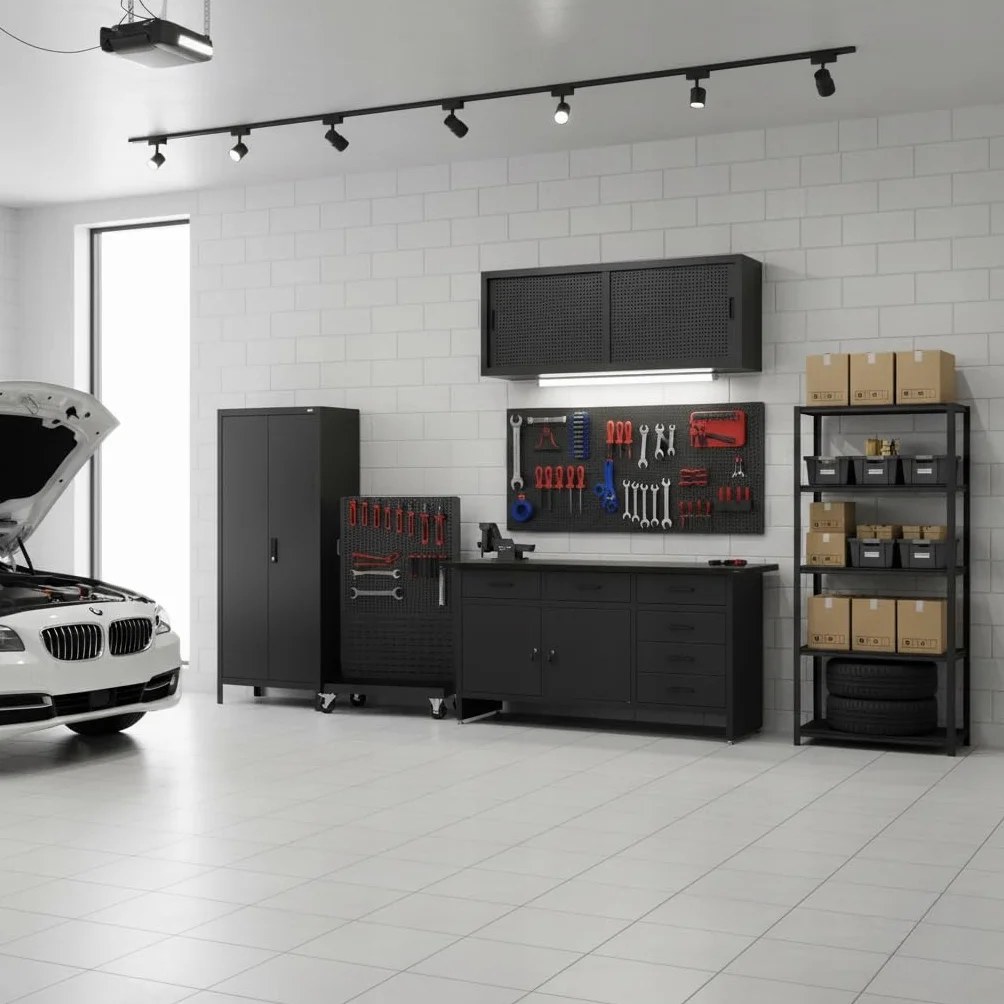 Stół warsztatowy z blatem roboczym Stół roboczy z 6 szufladami 2 schowki Regulowane nóżki Blat roboczy z płyty MDF Obciążenie do 500 kg Metal 170 cm x 60 cm x 85 cm (Czarno-Czarny)