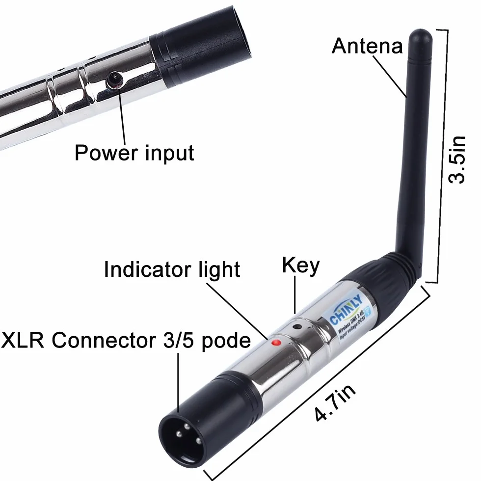 XLR nadajnik/odbiornik męski/żeński 2,4 G, ISM DMX512, z anteną,do oświetlenia scenicznego. 1 Sender & 5 Empfänger (Batterie)