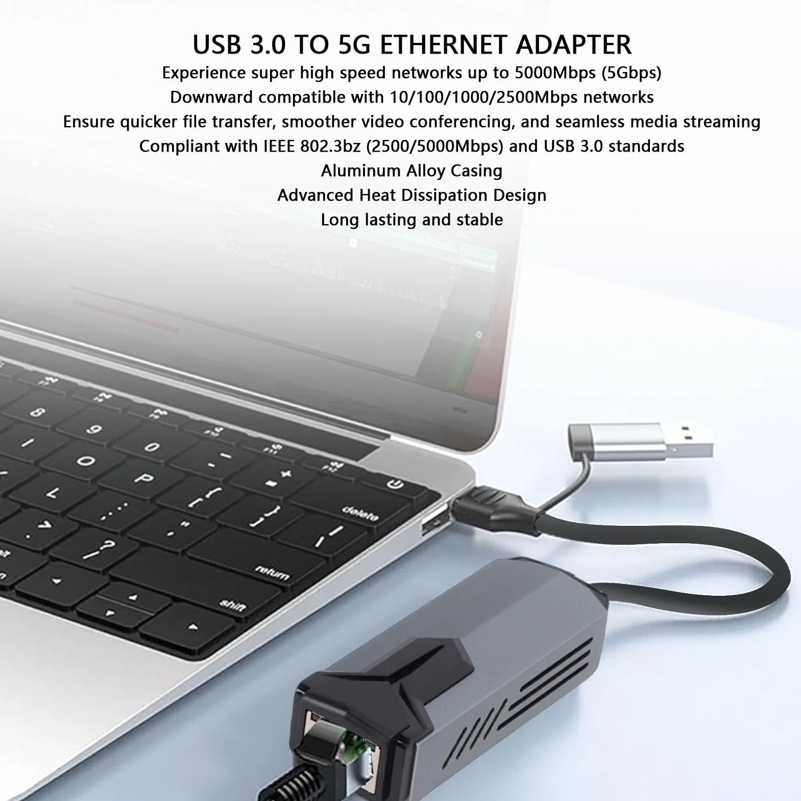 Adapter Ethernet 5G Usb3.0, 5000 Mb/s 2 w 1 USB A Typu C na RJ45 Obudowa ze Stopu Aluminium Rozpraszanie Ciepła Kompatybilny z Adapterem USB na Ethernet 10–2500 Mb/s do