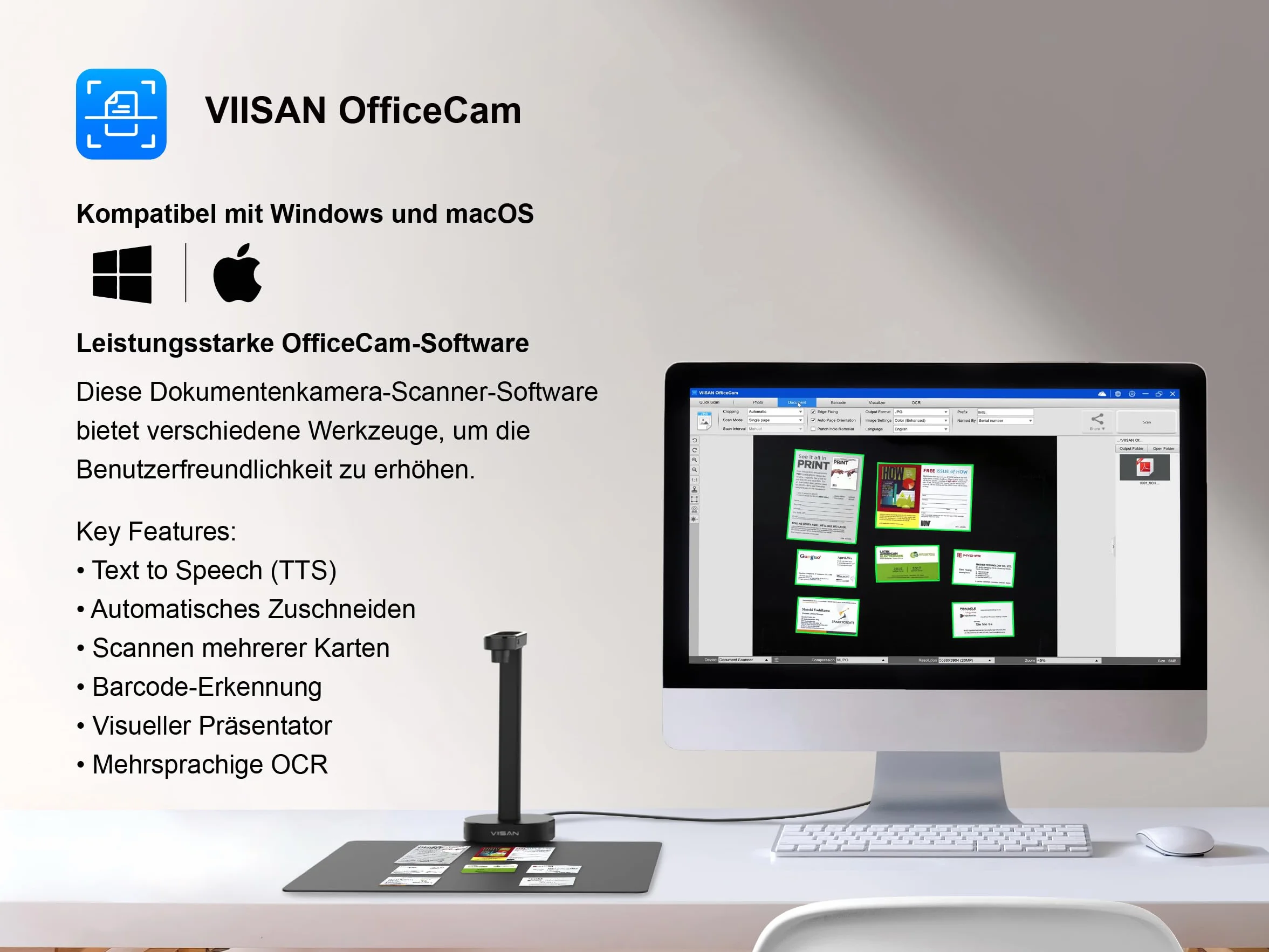VIISAN skaner dokumentów, 16MP USB przenośny, rozmiar skanowania A4, korekcja skrętu, skanowanie wielostronicowych dokumentów, technologia OCR i TTS, działa z Windows i MacOS