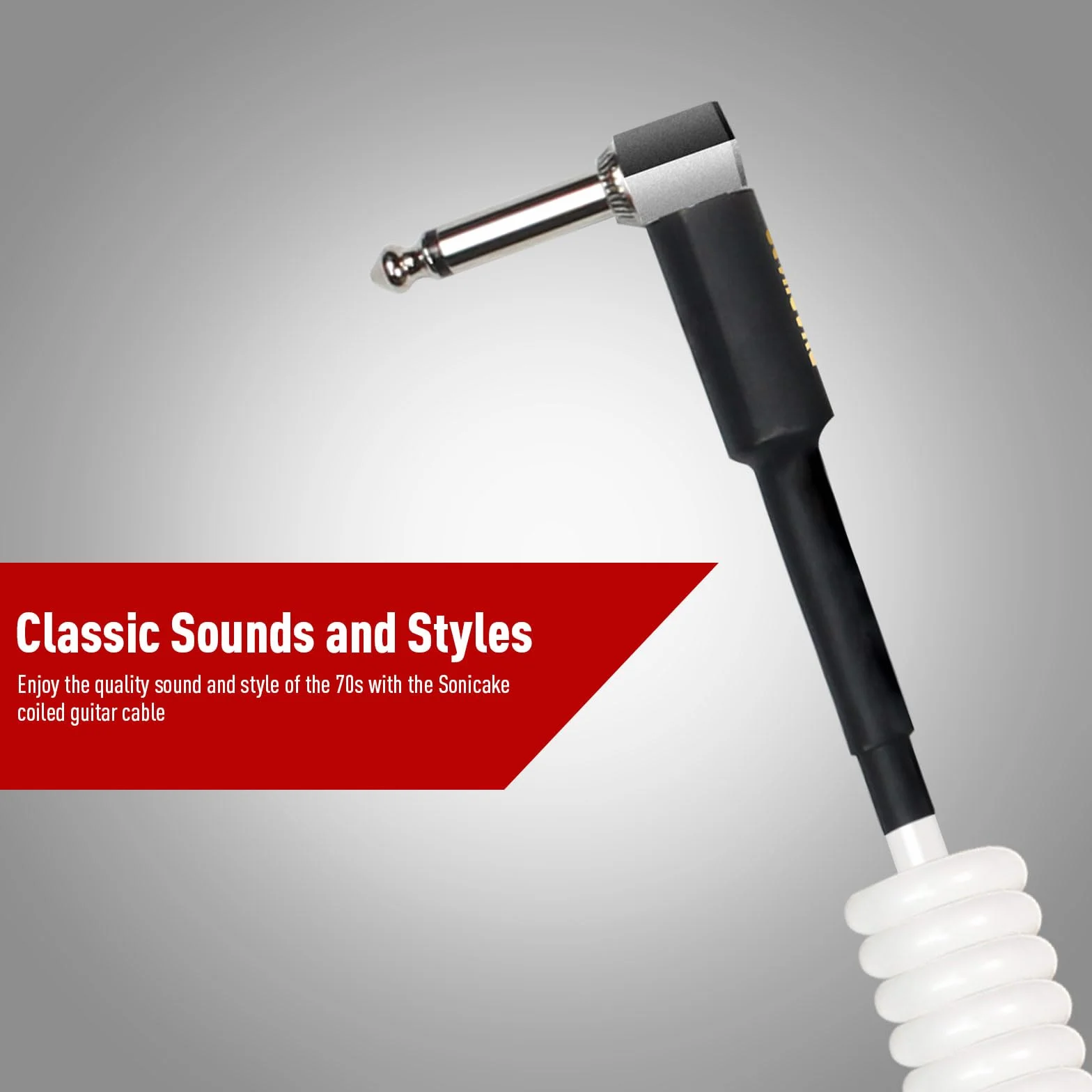 SONICAKE 10 m kabel do instrumentów gitarowych 6,3 mm Coil Cable do gitary basowej kabel spiralny z wtyczką kątową i standardowym jack, biały