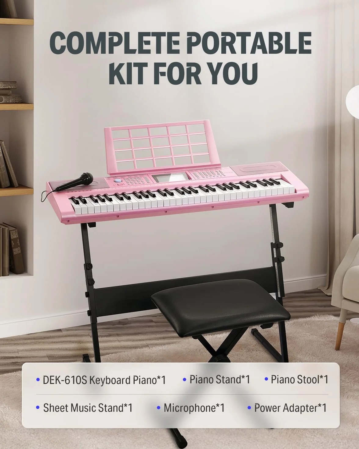 Donner Keyboard Piano 61 klawiszy, elektryczny zestaw keyboard z 249 głosami, 249 rytmami – w zestawie stojak na fortepian, taboret, mikrofon, prezent dla początkujących, różowy (DEK-610S)