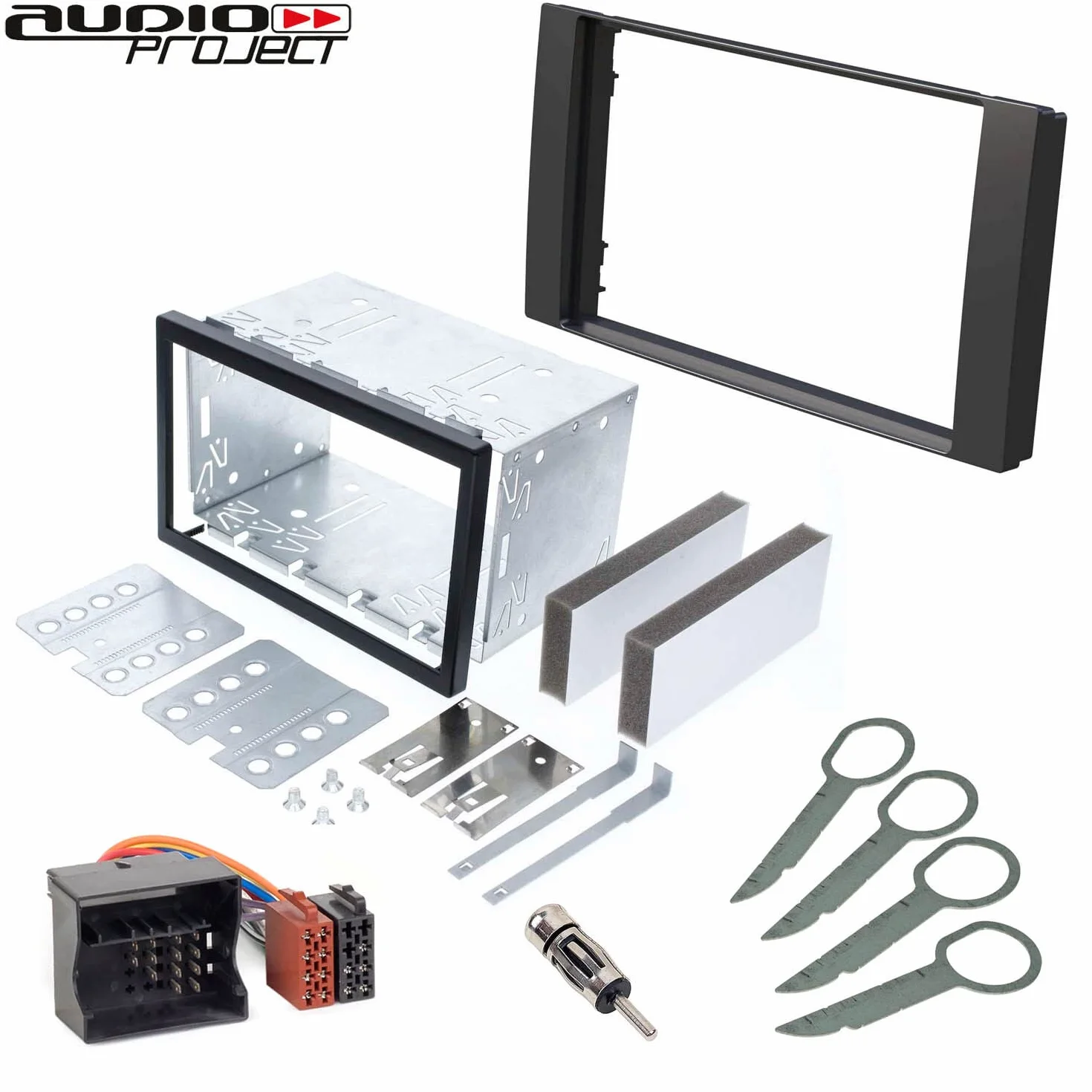 Audioproject A256 Zestaw do montażu radia samochodowego z podwójną osłoną radiową DIN kompatybilny z Ford C-Max Focus Fiesta Fusion S-Max C-Max Kuga, metalowy adapter radiowy, adapter antenowy, czarny