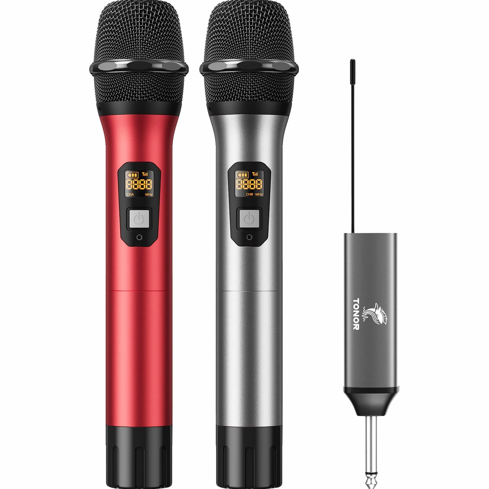 TONOR Mikrofon Bezprzewodowy, Podwójny Metalowy Mikrofon Dynamiczny UHF z Ladowalnym Odbiornikiem, do Spiewania Karaoke, Domowego KTV, Wesela, DJ-a, Imprezy, 60 m (TW630), Srebrny-Czerwony