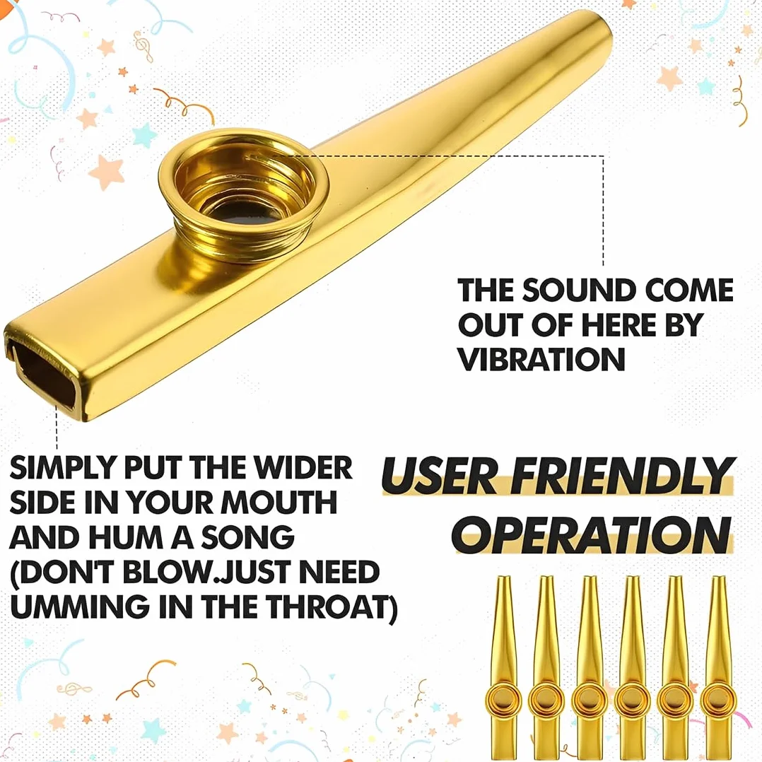 Gold Kazoo Instrument Profi, z 10 membranami Kazoo, osłona ochronna i rurka, do ukulele, gitary, towarzyszenie początkującym, kreatywność