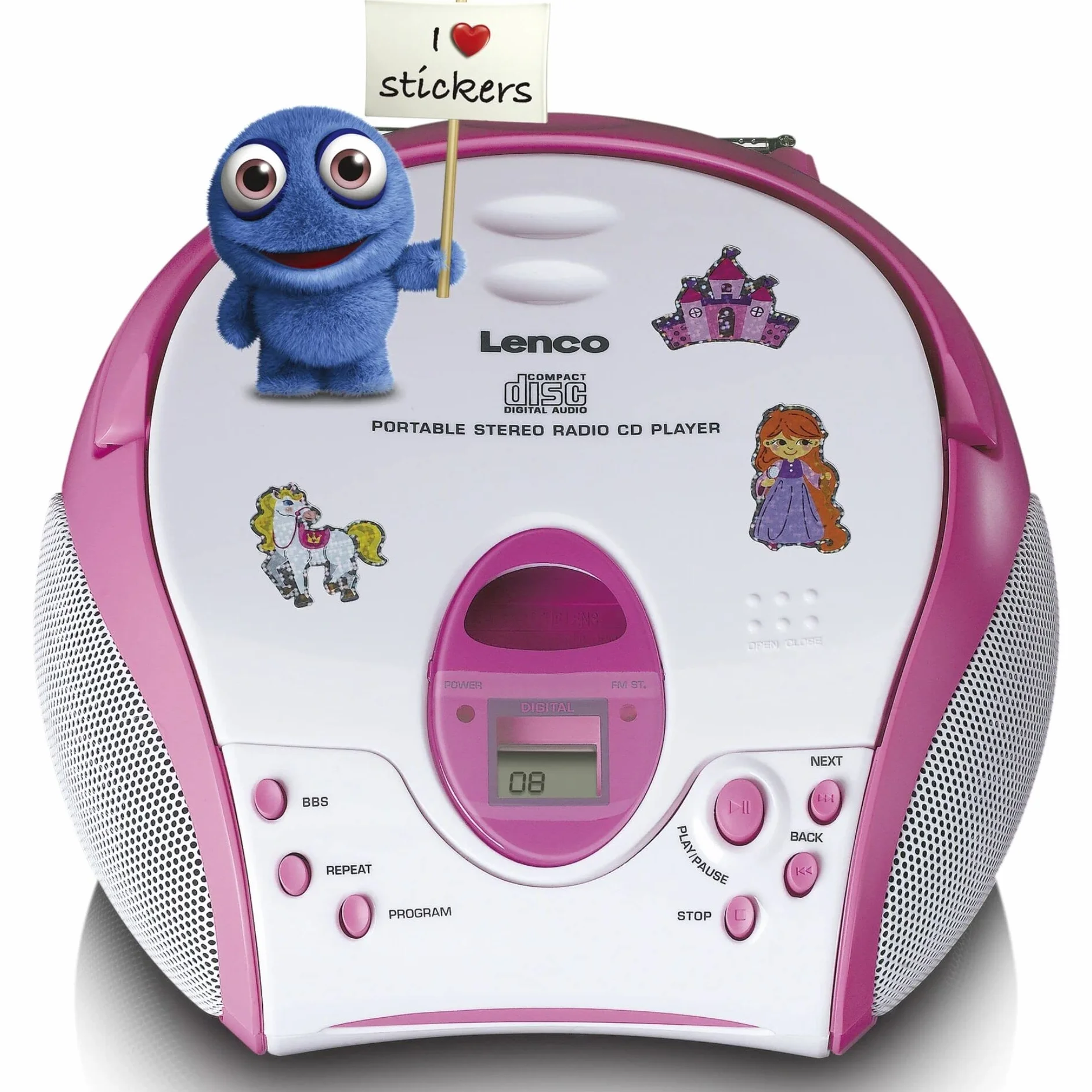 Lenco SCD-24 Kids - odtwarzacz CD dla dzieci - radio CD - z naklejkami - Boombox - tuner radiowy UKW - pamięć utworów - 2 x 1,5 W moc RMS - zasilanie sieciowe i bateryjne - różowy