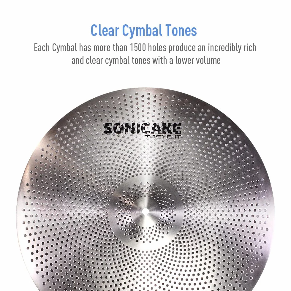 SONICAKE Zestaw talerzy o niskiej objętości, zestaw cichych talerzy 35 cm, Hi-Hat+40 cm, Crash 45 cm + 50 cm zestaw talerzy treningowych, 5 szt., srebrny
