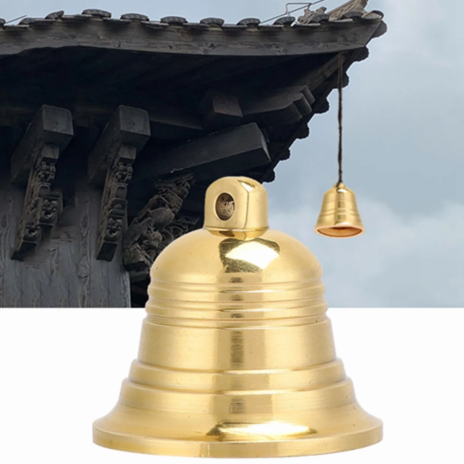 Zerodis Buddyjski dzwonek ręczny, mosiężne dzwonki, 3.9 cm, feng shui, taoistyczny, medytacja, czysty dźwięk, dzwonek wiatrowy, dekoracja domu, Złoty, Retro