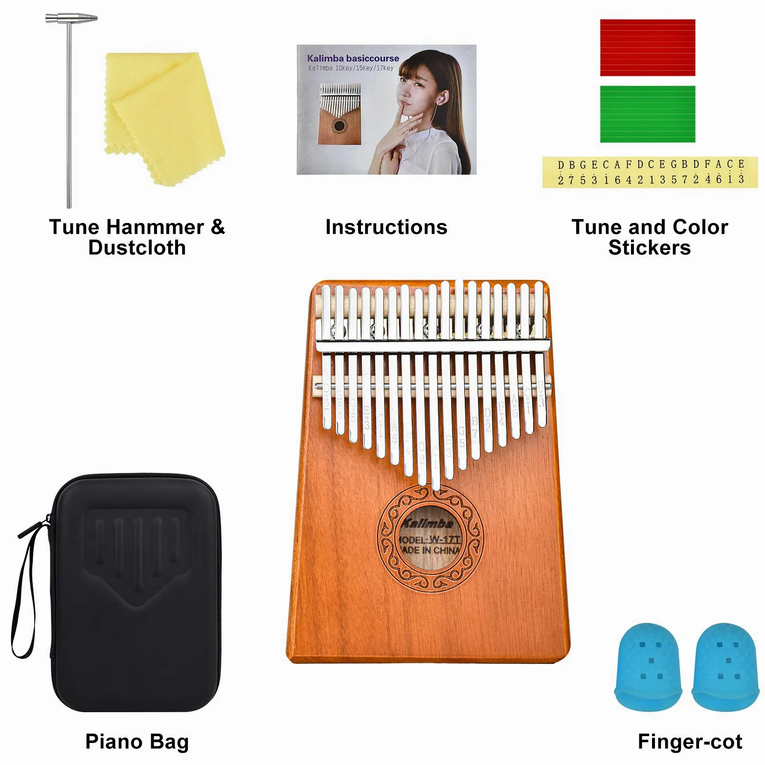 Kalimba Magicsound 17 klawiszy, profesjonalny instrument muzyczny z etui ochronnym, instrukcją, młotem, nutami samoprzylepnymi i osłoną palców Mbira