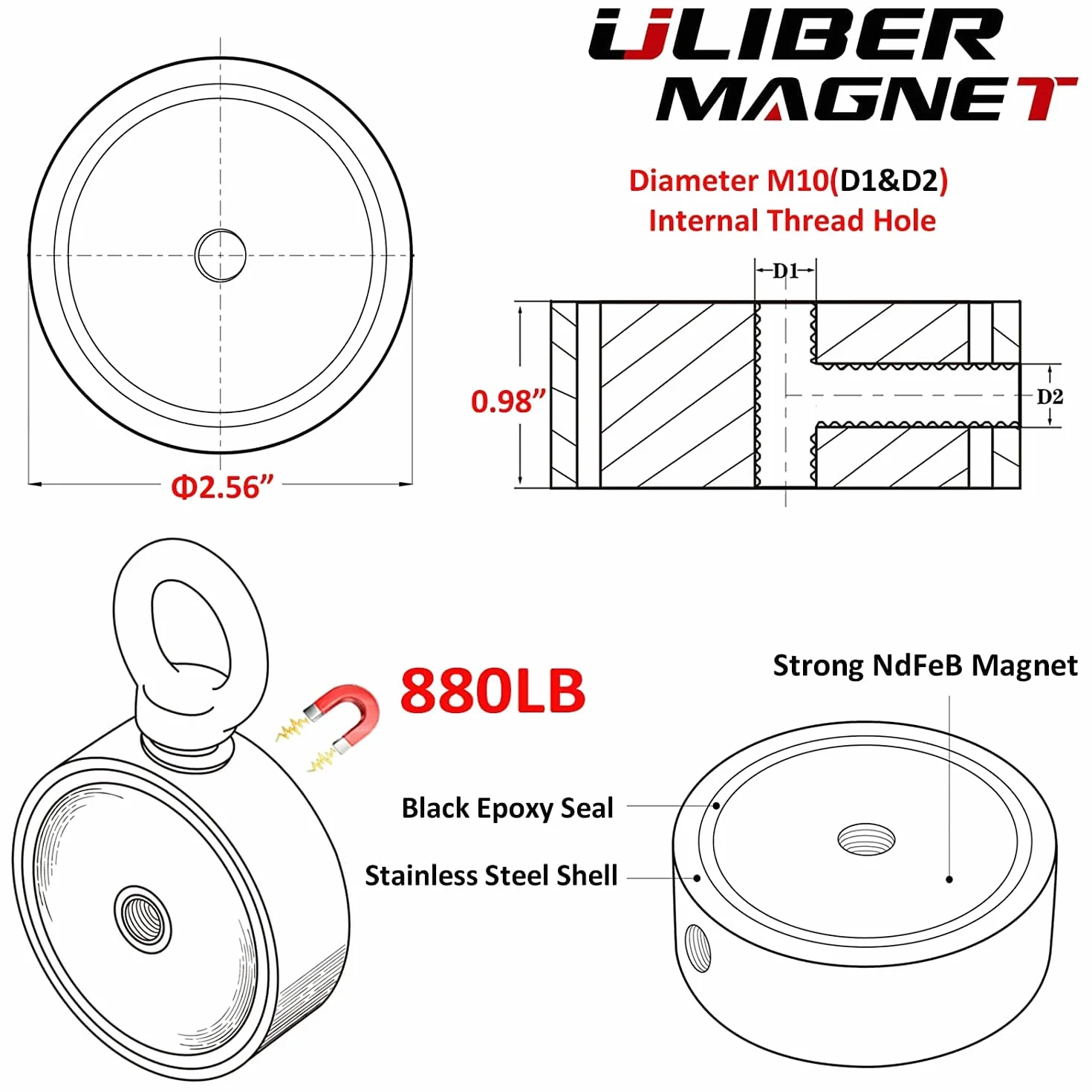ULIBERMAGNET Super mocne dwustronne magnesy wędkarskie, z magnesem neodymowym 400 kg N52 połączony z liną, do wędkarstwa magnetycznego i poszukiwania skarbów pod wodą