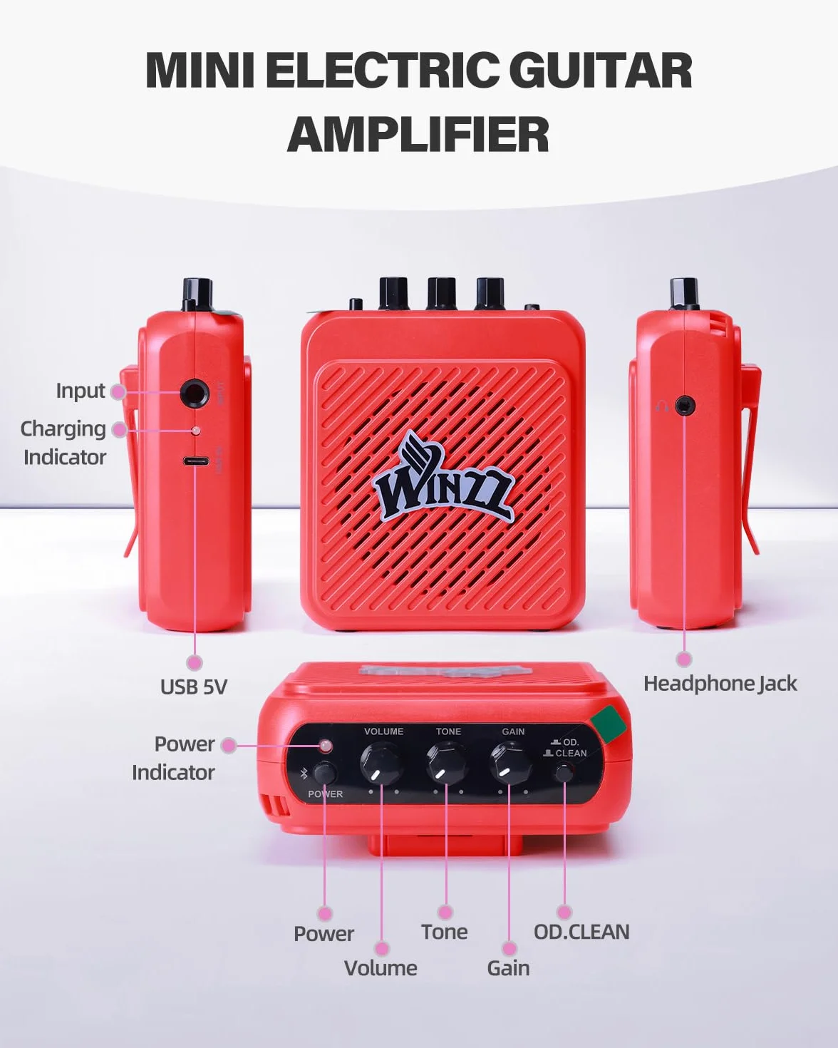 Winzz Zestaw gitarowy dla dzieci 30-calowy, mini gitara elektryczna juniorska (rozmiar 1/4) dla dzieci, kompletny zestaw dla początkujących z wzmacniaczem, połyskujący kolor czerwony