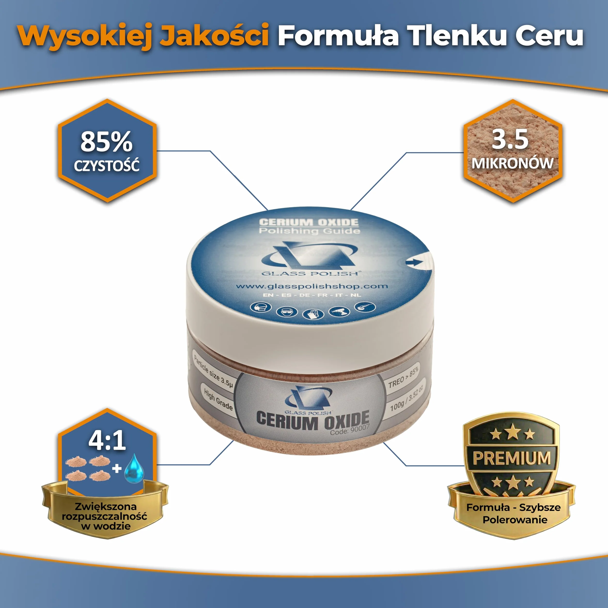 GLASS POLISH PRO 100 g tlenek ceru, wysokiej jakości proszek do polerowania szkła, ulepszona formuła, TREO 85%, 3,5 mikrona, brązowy - GP90007