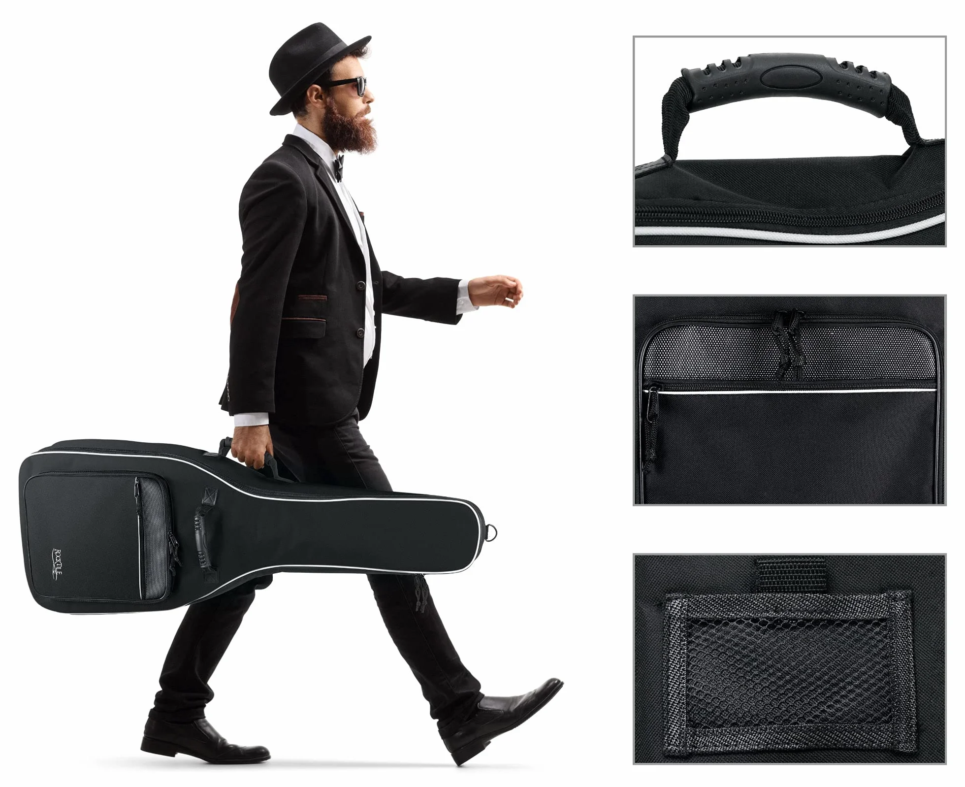 Rocktile Klasyczna torba na gitarę 3/4 i 7/8 (wyściełana torba Gigbag, zestaw plecakowy, 2 kieszenie zewnętrzne), czarna