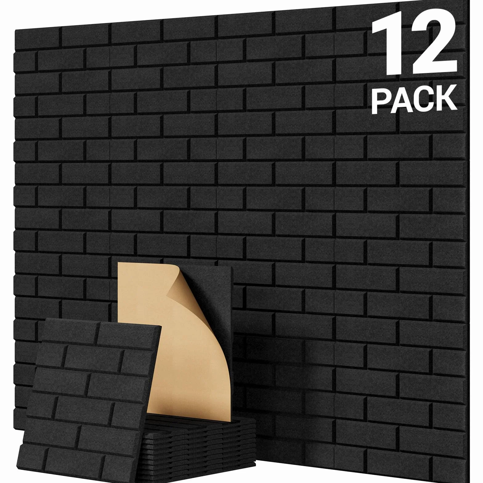 TONOR Płyty akustyczne typu cegła, samoprzylepne, 12 szt. 30x30x0,9 cm, płyty dźwiękoszczelne, płyty do ochrony przeciw hałasowi, samoprzylepne płyty ścienne do obróbki akustycznej i dekoracji ścian w