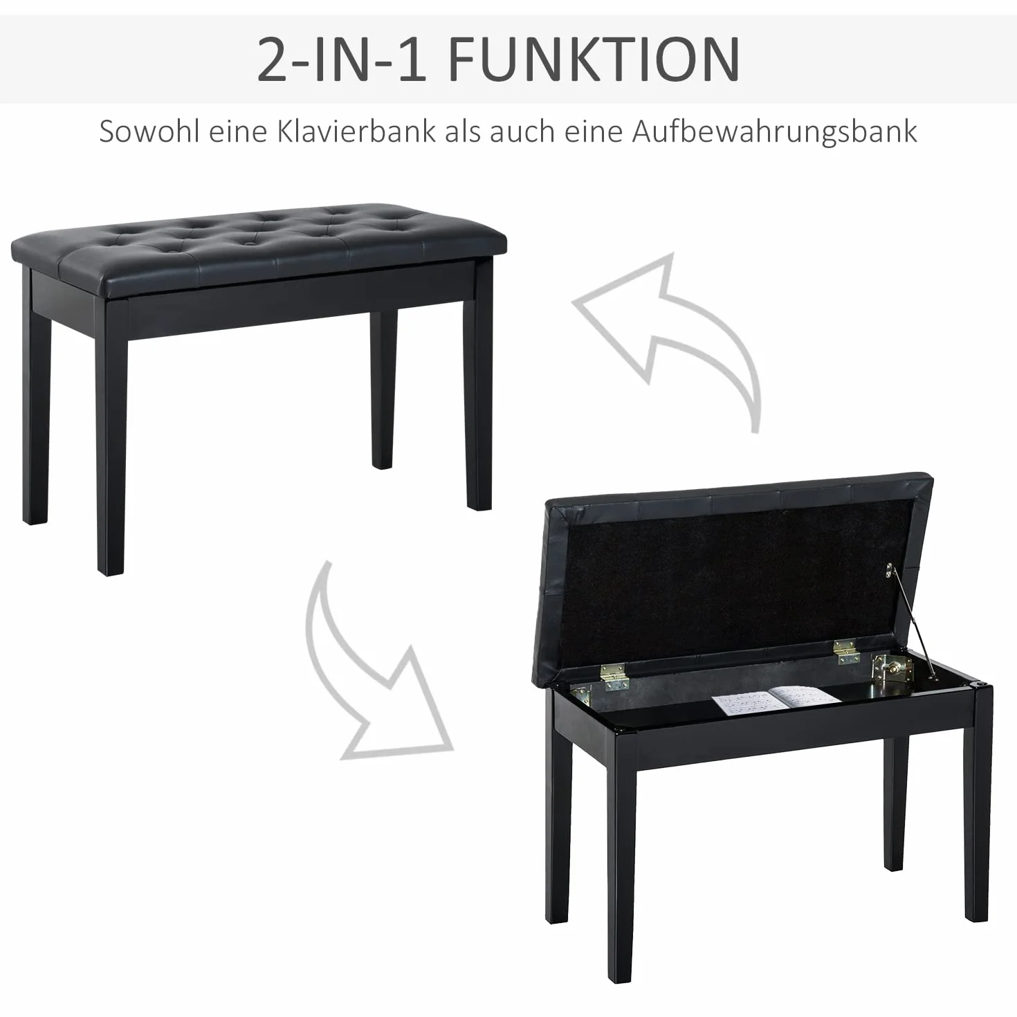 HOMCOM Taboret fortepianowy ławka do fortepianu drewno gumowa sztuczna skóra czarna 76 x 36 x 50 cm